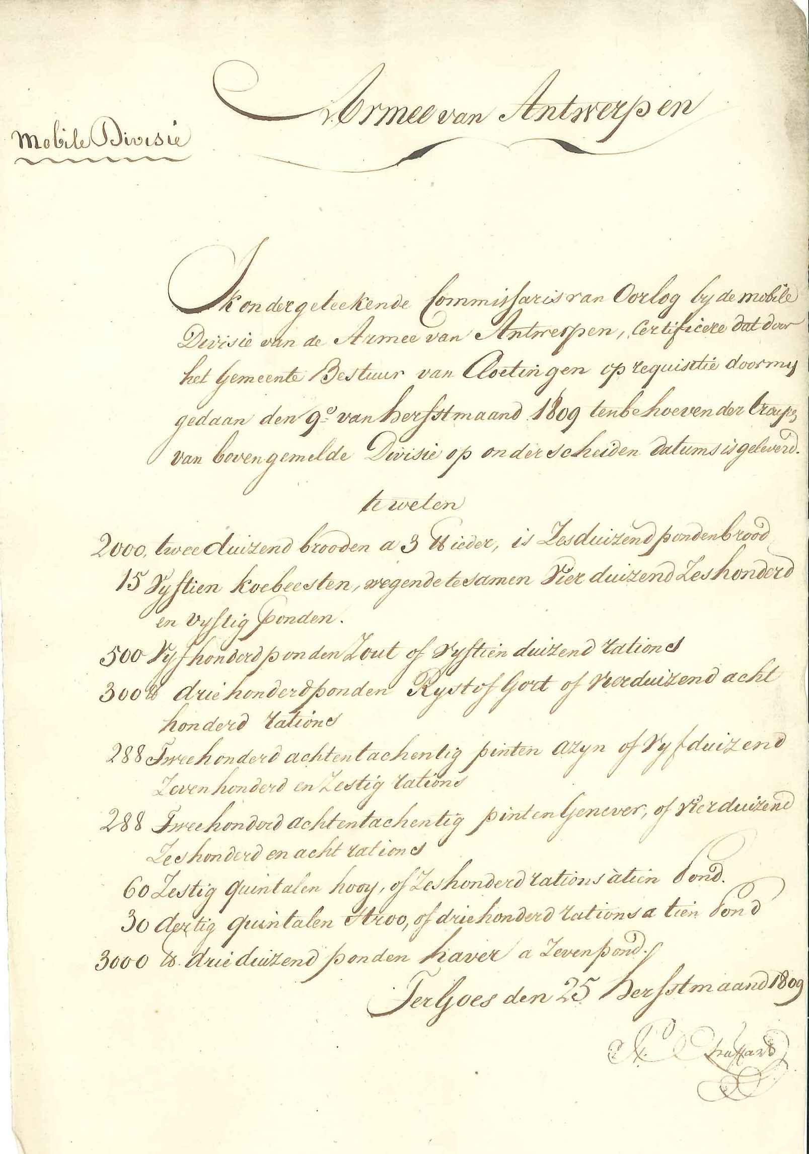 Verklaring over leveringen door de gemeente Kloetinge aan de armee van Antwerpen, 1809.