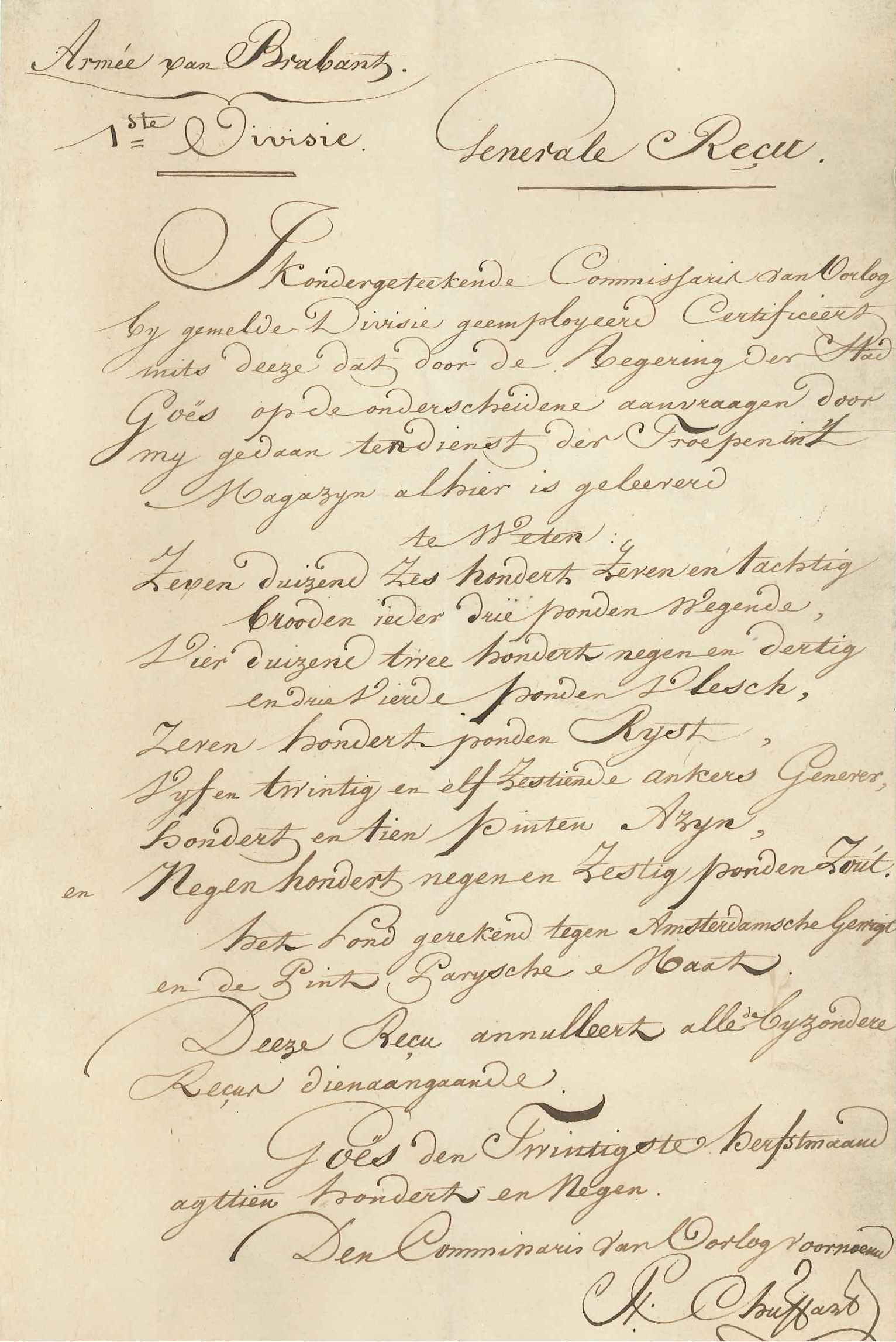 Verklaring van ontvangst door de armee van Brabant over leveringen door Goes, 1809.