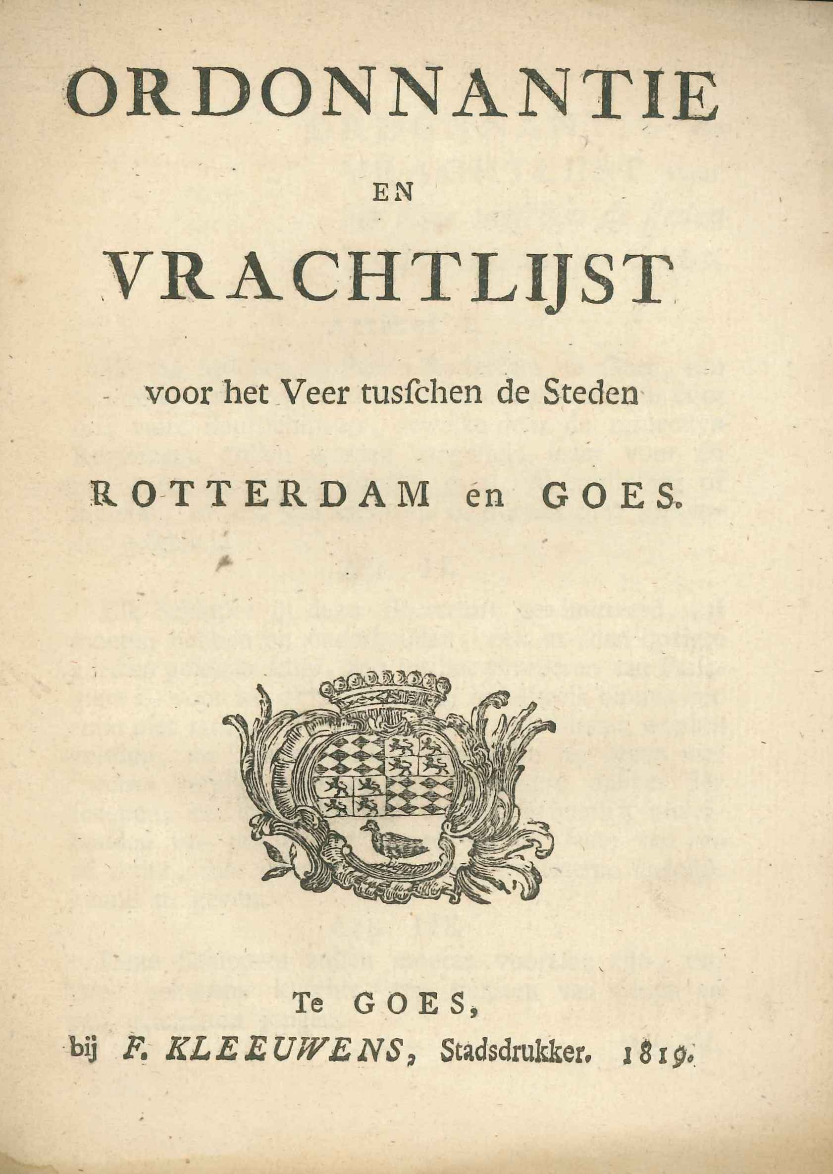 Verordening en vrachtlijst voor het veer op Rotterdam, 1819.