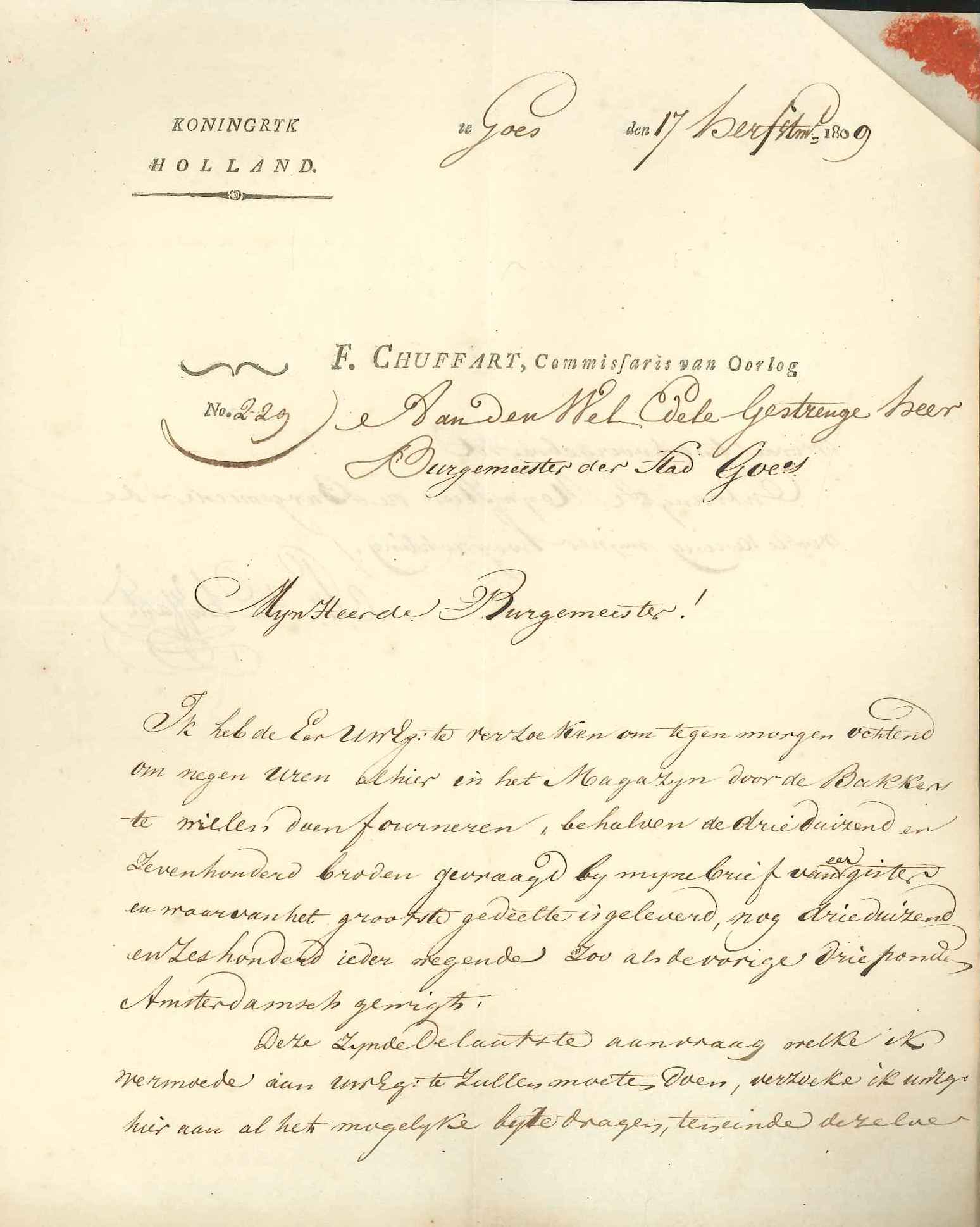 Verzoek tot levering van 7400 broden aan het Hollandse leger, 1809.