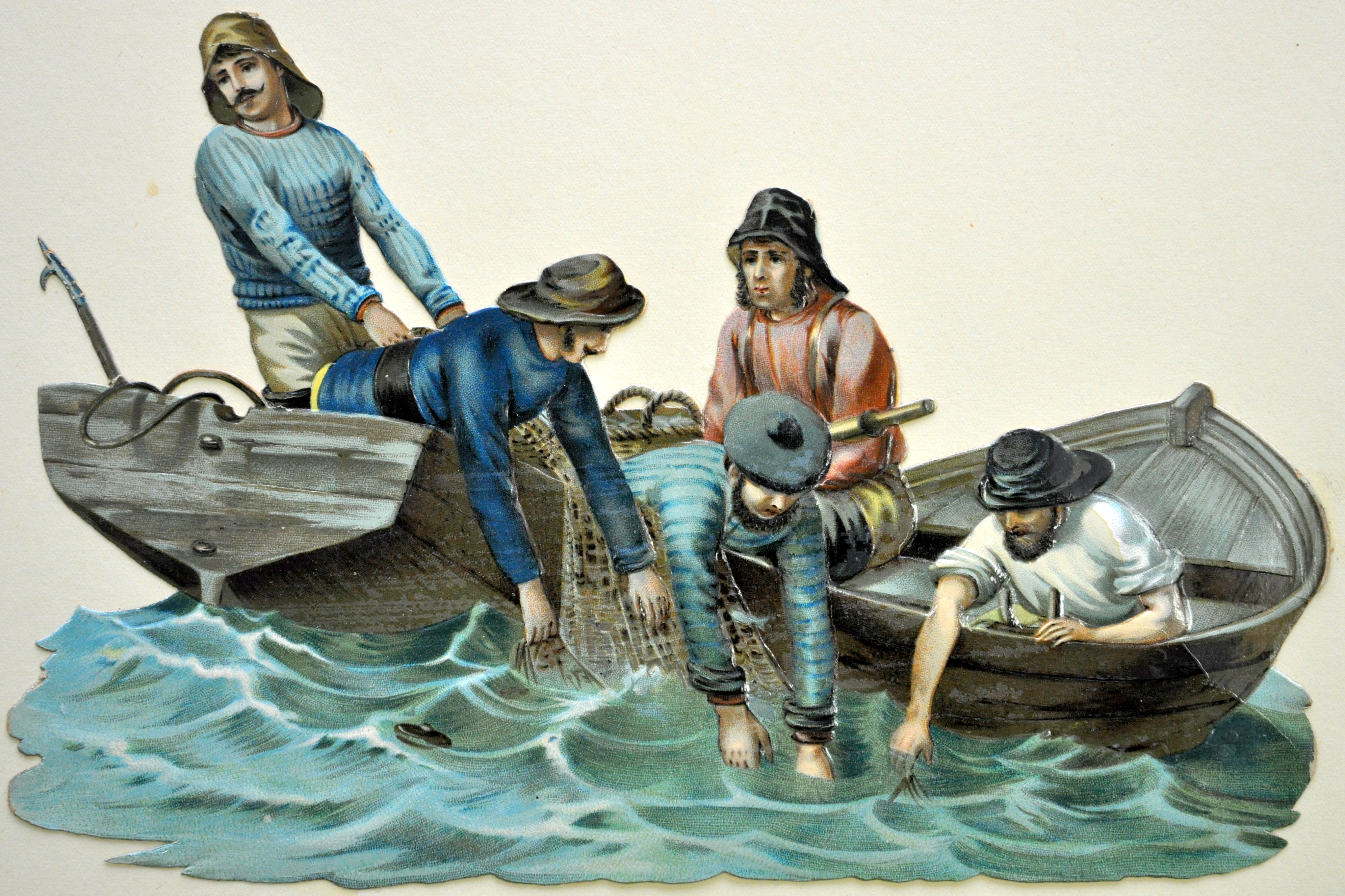 Vissers halen het visnet binnen, poëzieplaatje, 19de eeuw. HMDB.