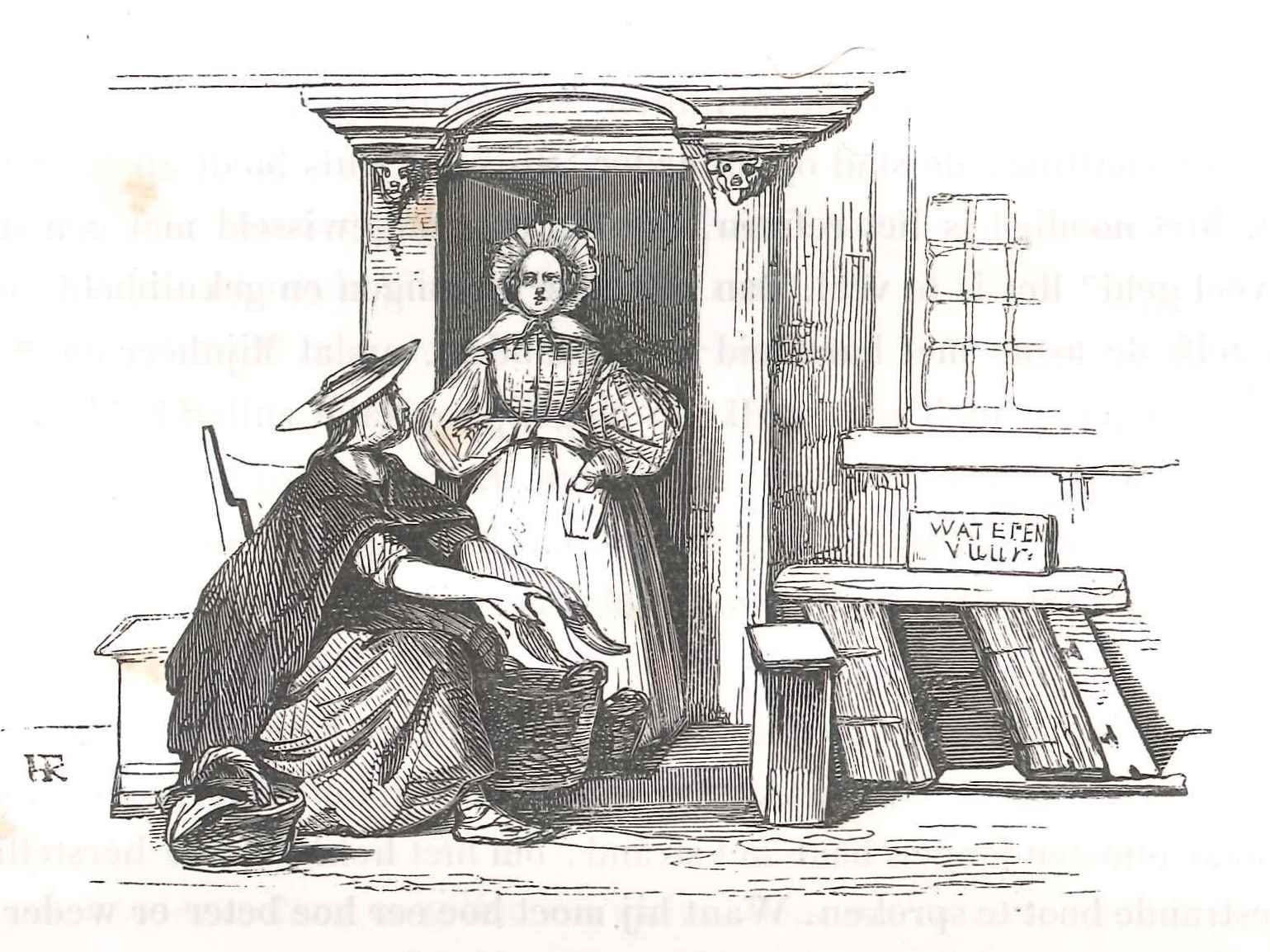 Visvrouw uit Arnemuiden verkoopt vis. 'Karakterschetsen', 1841. HMDB.