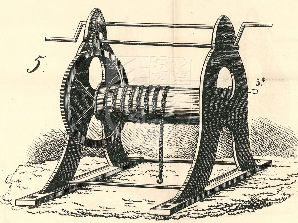 Voorbeeld van een lier op een plaat voor technisch onderwijs van A. Koot te Haarlem, bij Erven Loosjes aldaar, 1856. GAG.AGG.inv.nr. 195, nr. 892.