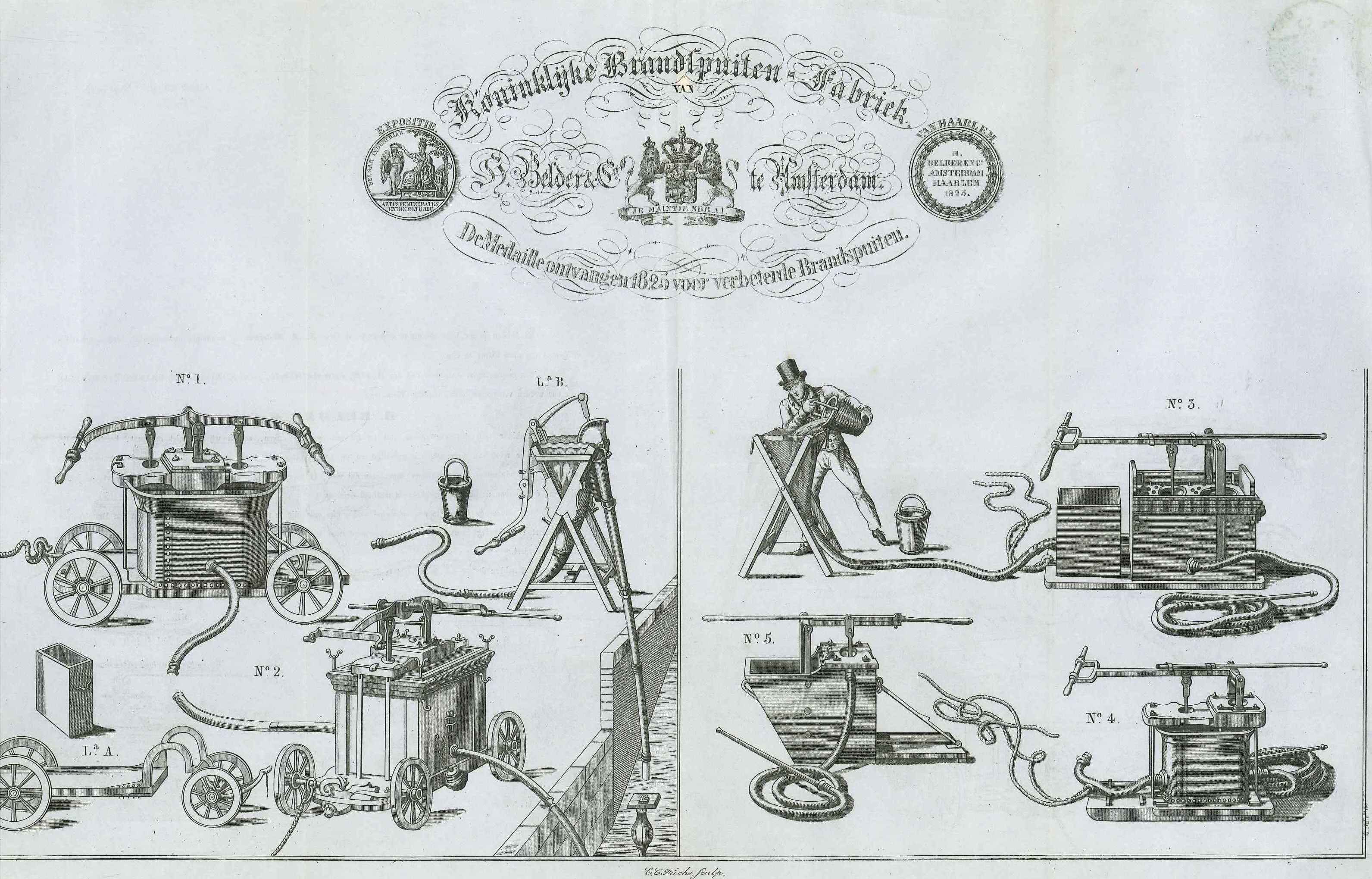 Voorbeelden van brandspuiten van de fa. Belder te Amsterdam, ca. 1870. GAGoes, arch.gem. Wolphaartsdijk, inv.nr. 1830.