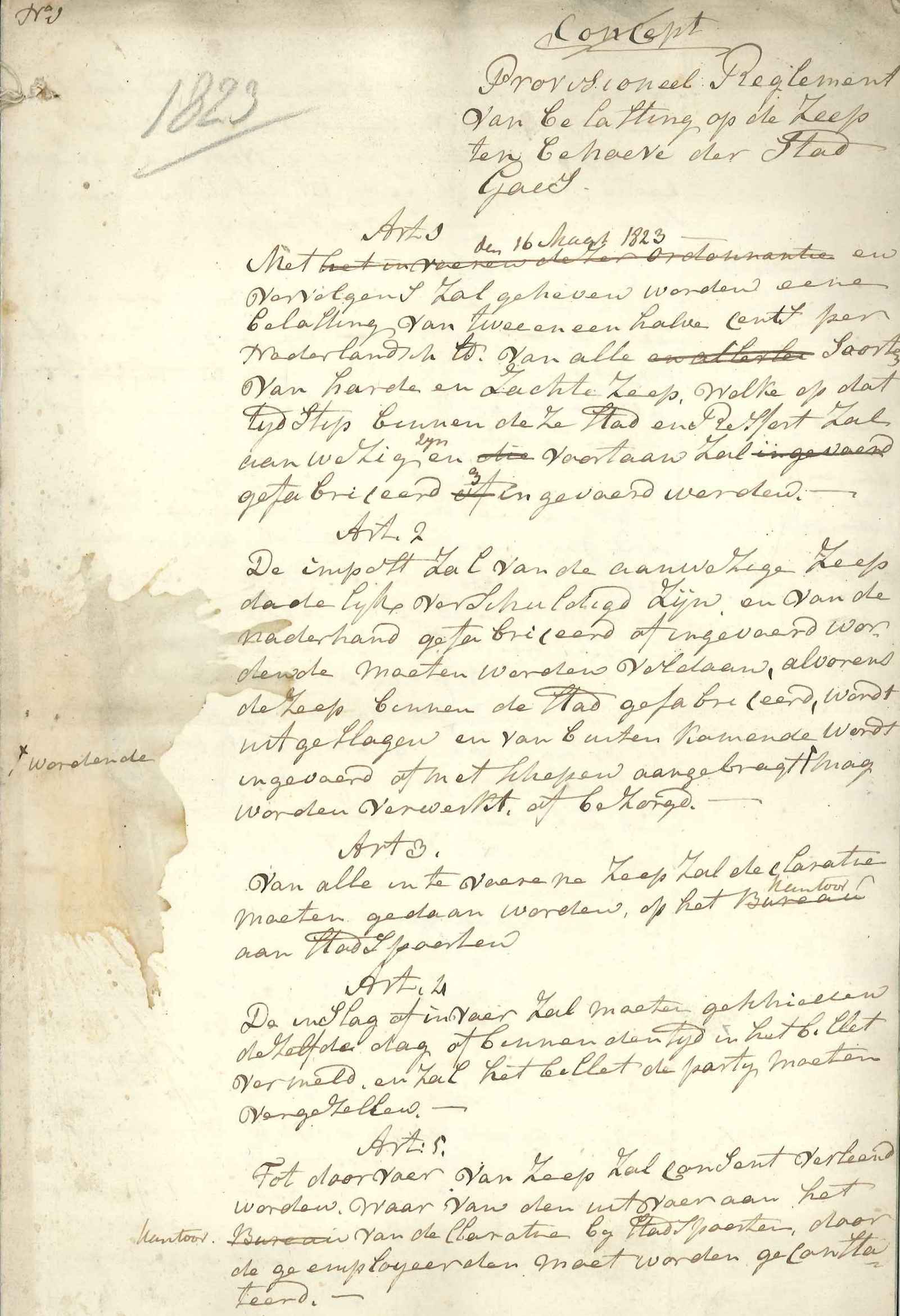 Voorlopig reglement van een belasting op zeep, 1823. GAG.ASG.inv.nr. 1309.