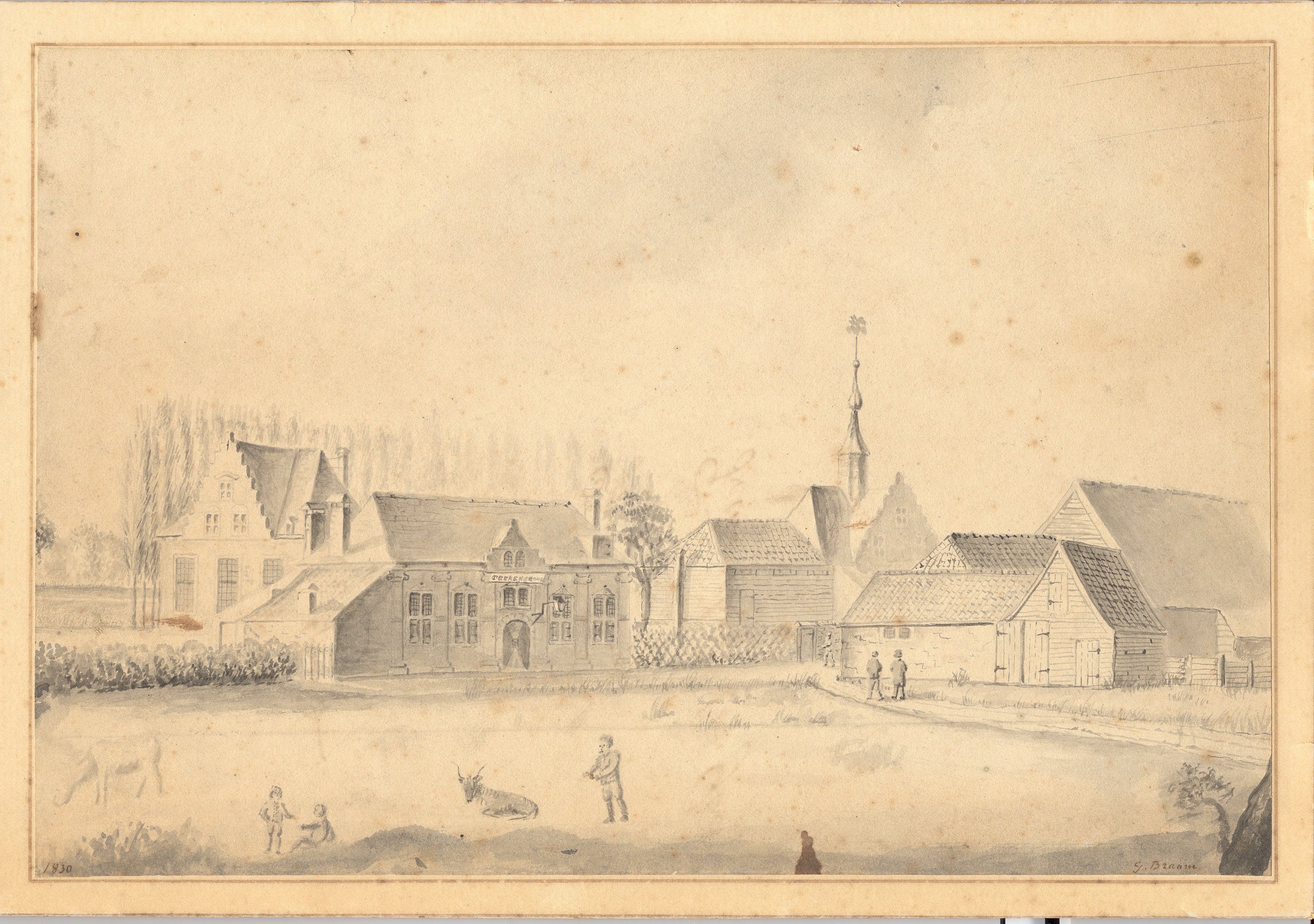 Voormalig handbooghof, met rechts de oude voetboog, ca. 1830.