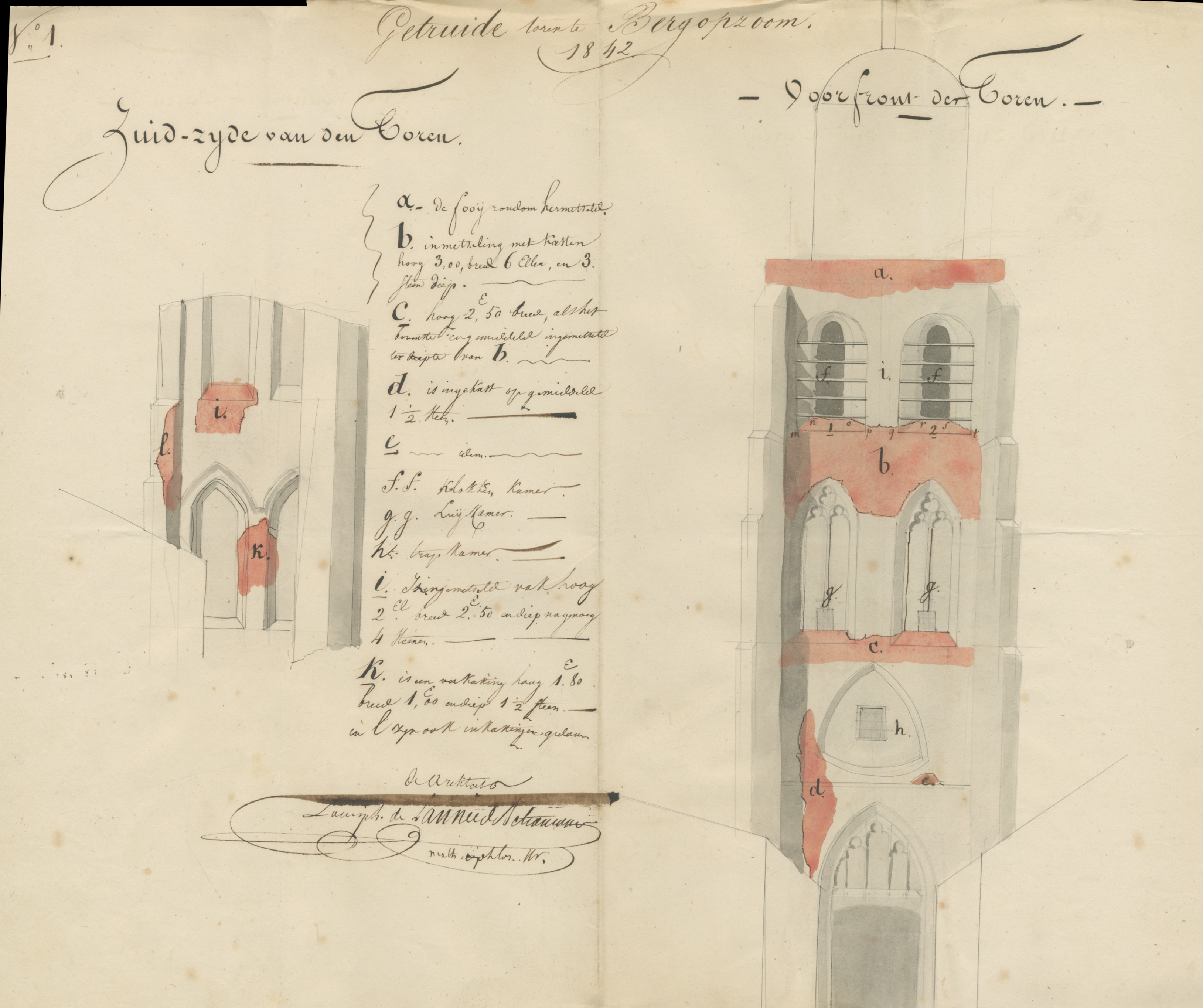 Voorstel voor het herstel van de kerktoren te Bergen op Zoom, 1842. GAG.ASG.inv.nr. 574.2, nr 839-02.