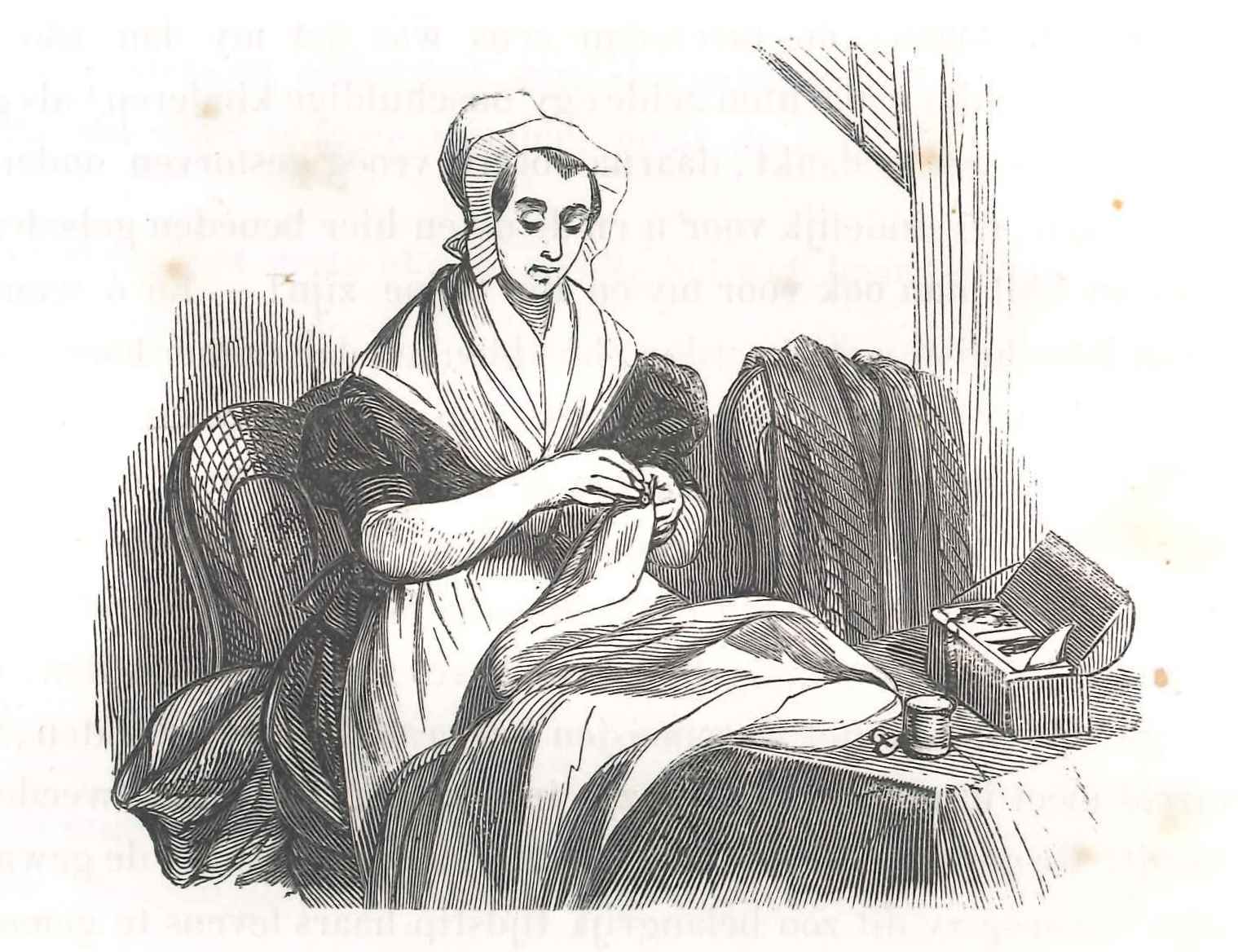 Weesmeisjes leerden nuttige handwerken, hier in Den Haag. 'Karakterschetsen', 1841. HMDB