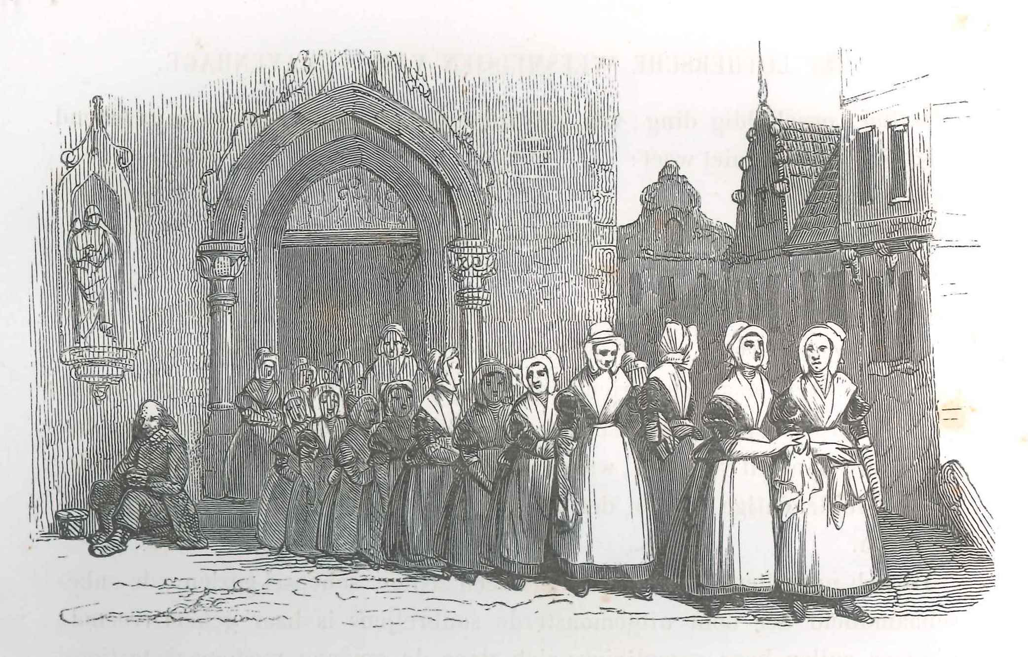 Weesmeisjes verlaten de kerk in Den Haag. 'Karakterschetsen', 1841. HMDB.