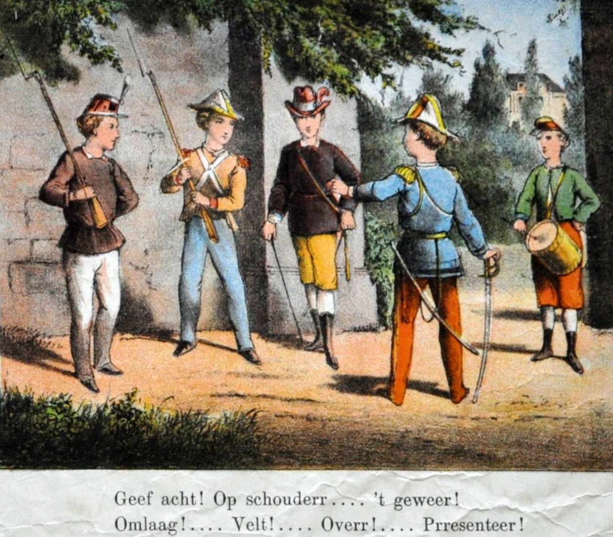Welgestelde jongens spelen soldaatje, 19de eeuw. HMDB.