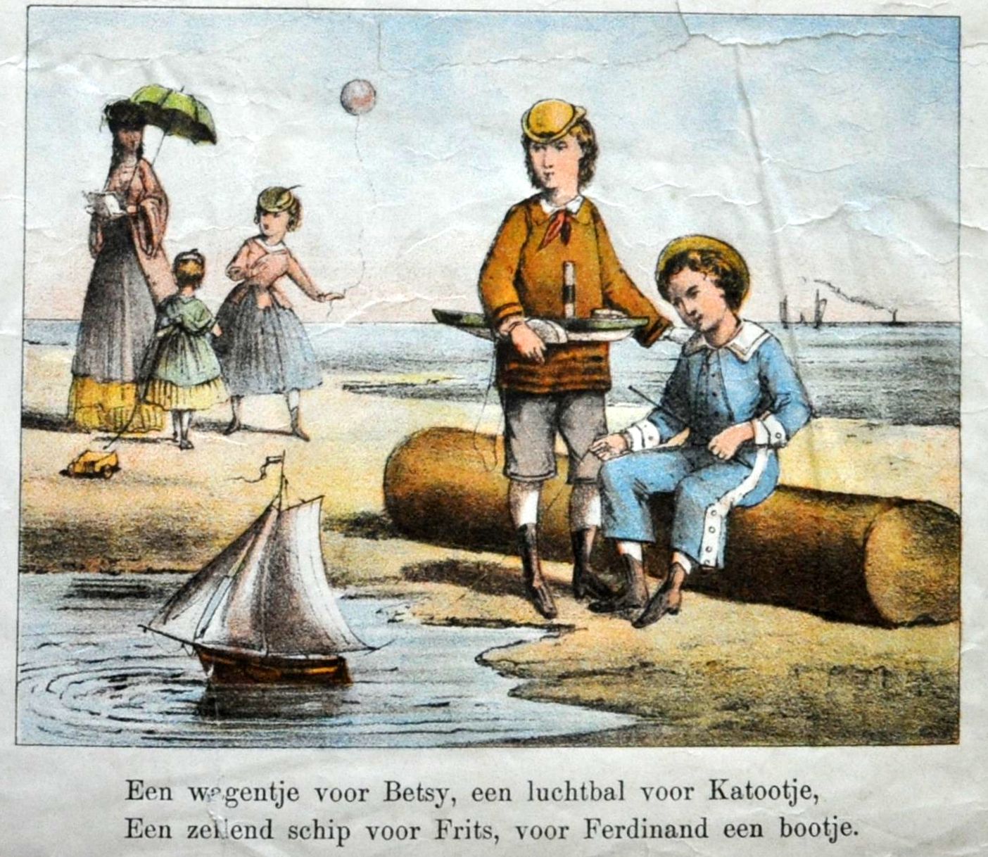 Welgestelde kinderen spelen op het strand, 19de eeuw. Centsprent, HMDB.
