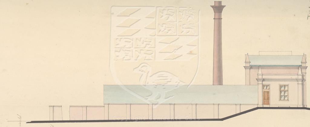 Zijgevel van de gasfabriek, detail van de tekening, 1859. GAG.HTA.