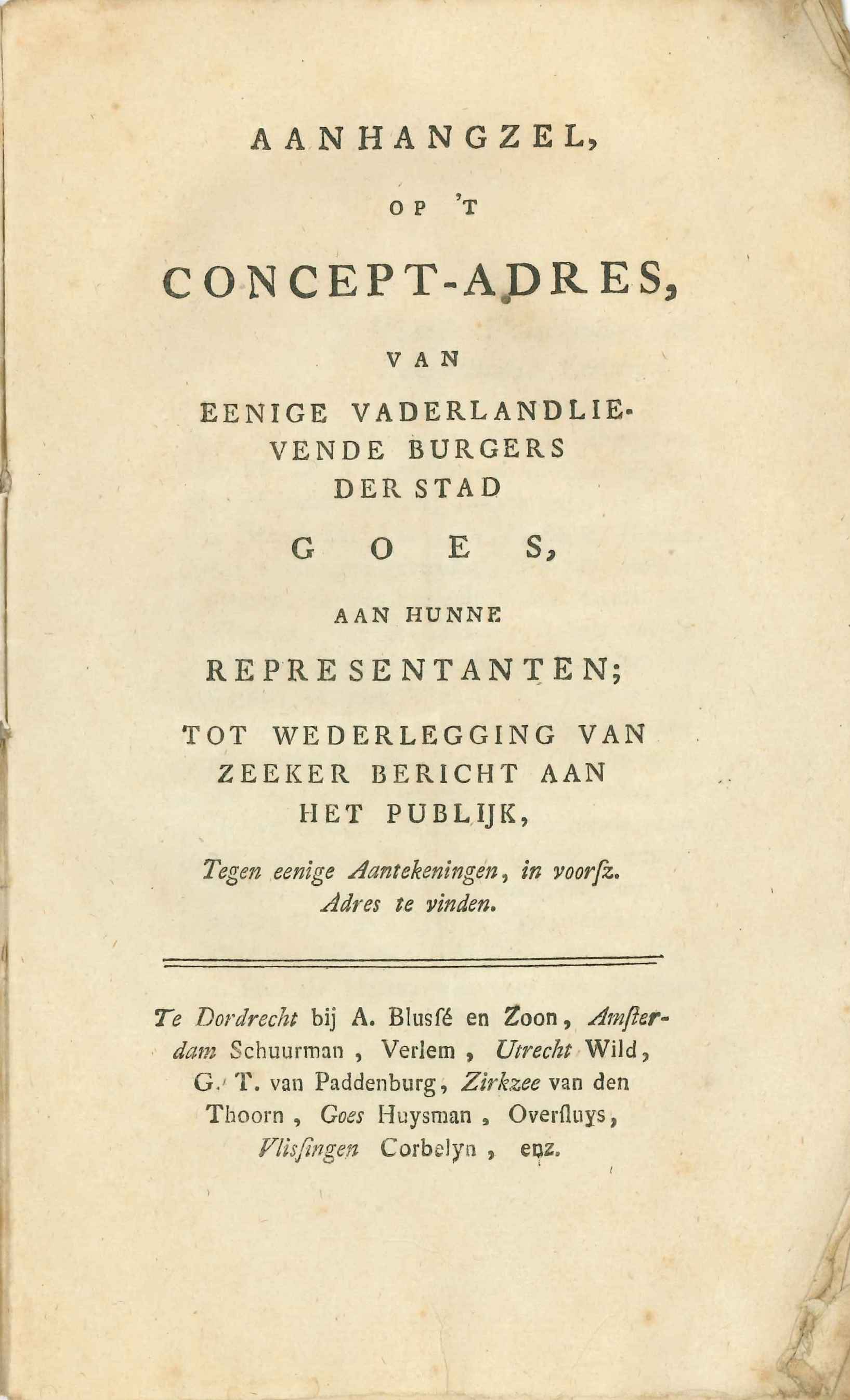 Brochure 'Aanhangzel op 't concept-adres', 1785.