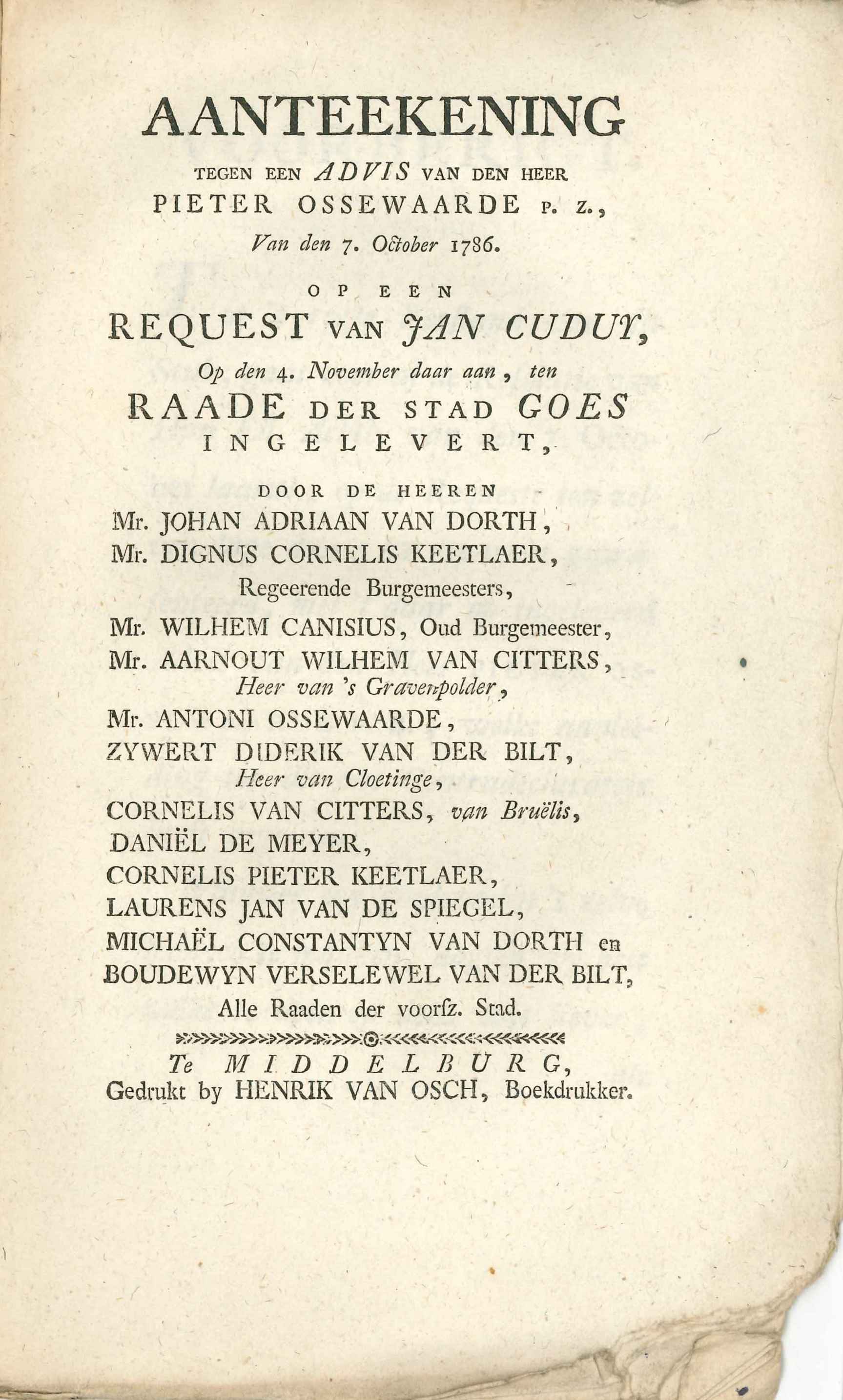 Brochure in het kader van de woordenstrijd rond Jan Cuduy, 1786.
