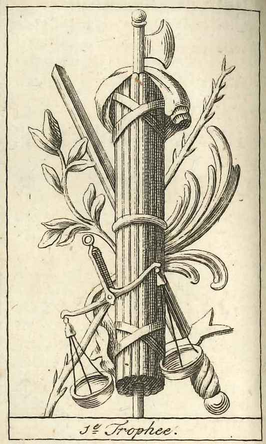 Afbeelding van de eerste trophee, met justitie-symbolen, 1784.