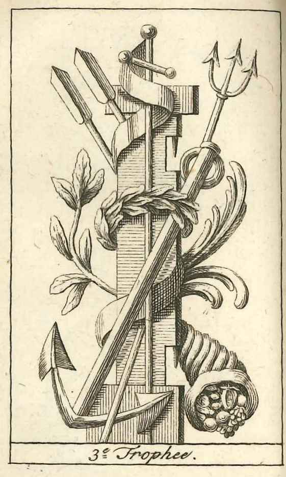 Afbeelding van de derde trophee, met symbolen van handel en welvaart, 1784.