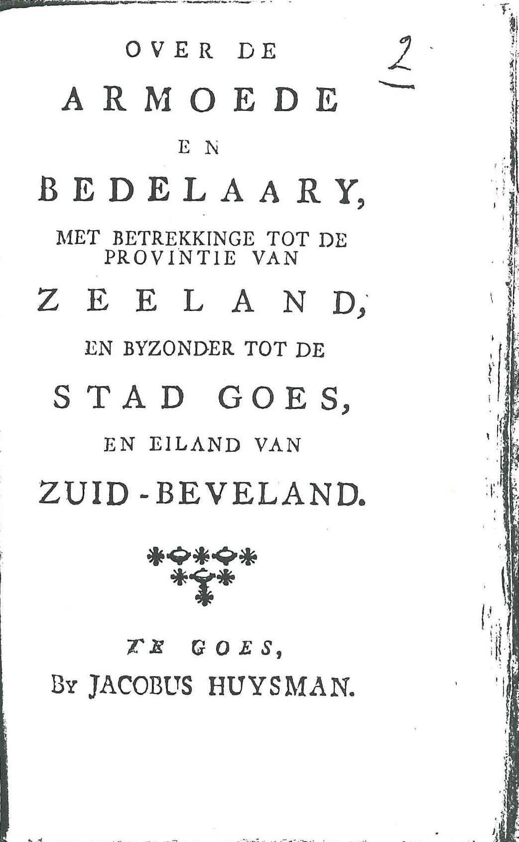 Brochure over de armoede en bedelarij in Goes en Zuid-Beveland, 1780.