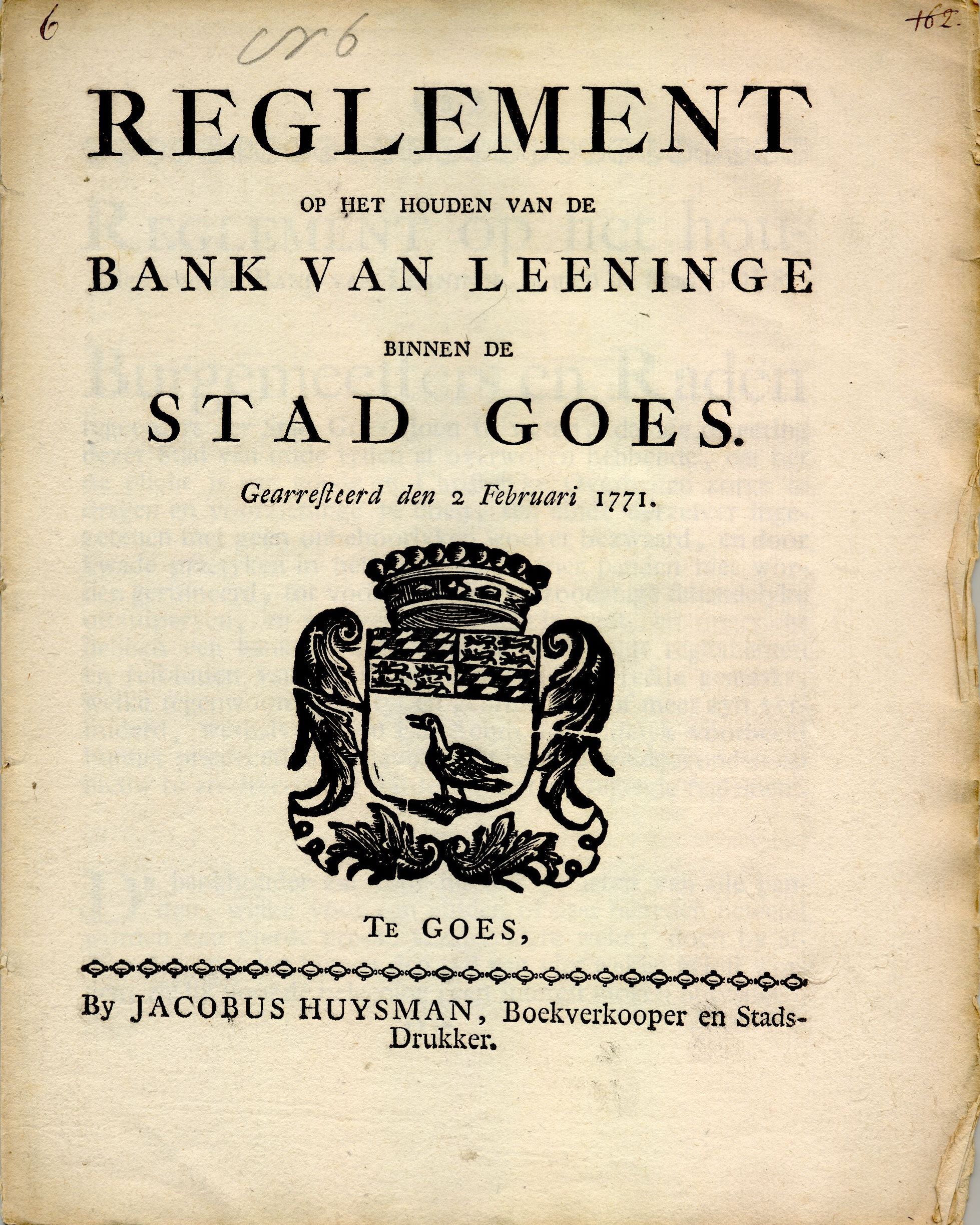 Reglement op de bank van lening, 1771.