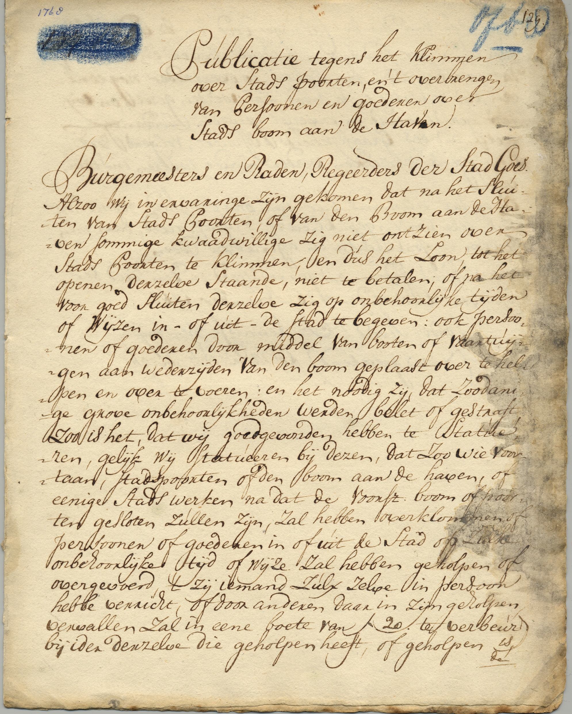 Publicatie tegen het beklimmen van stadspoorten en ongeoorloofd vervoeer van personen en goederen, 1768.