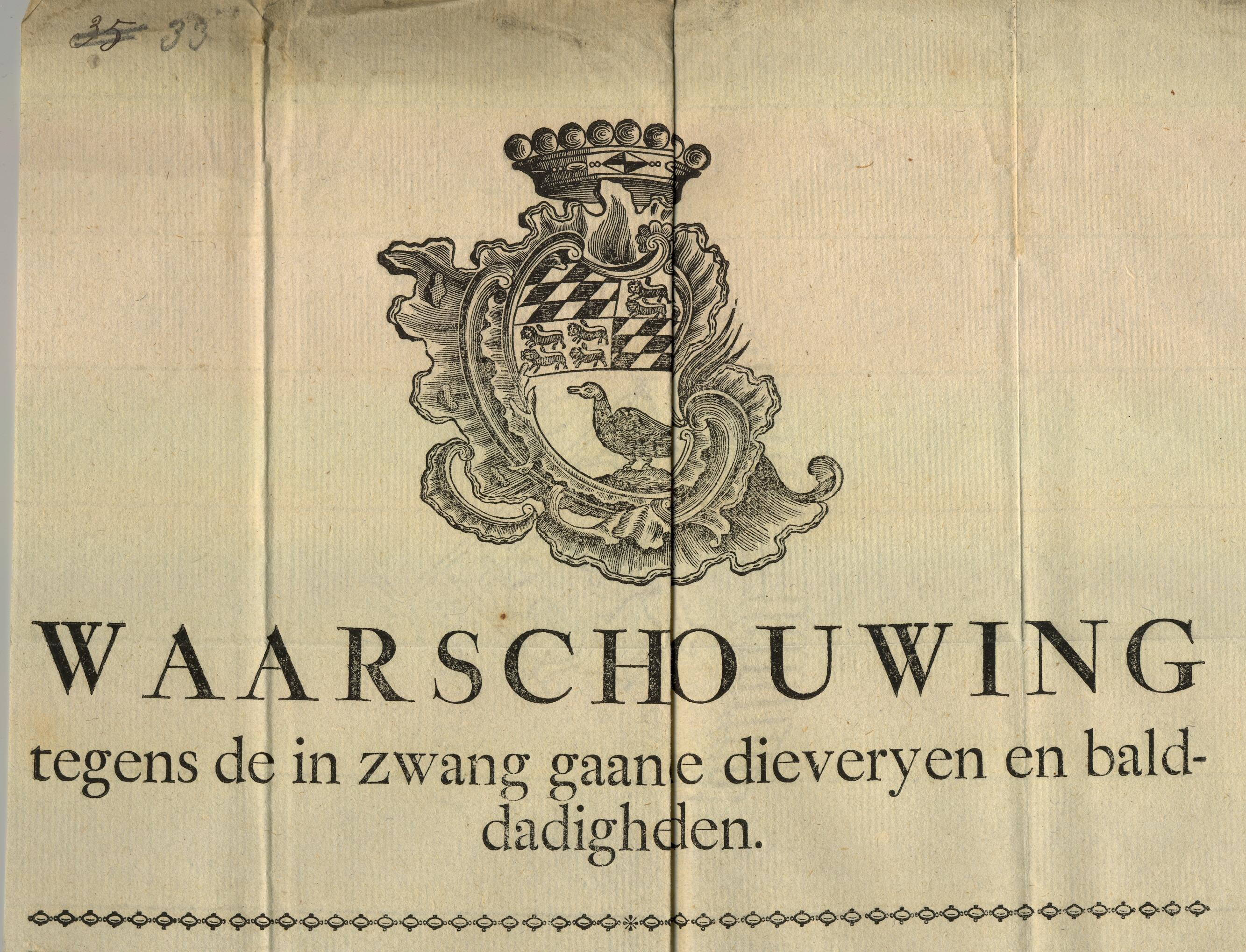 Bekendmaking over de toenemende diefstallen, 1770.