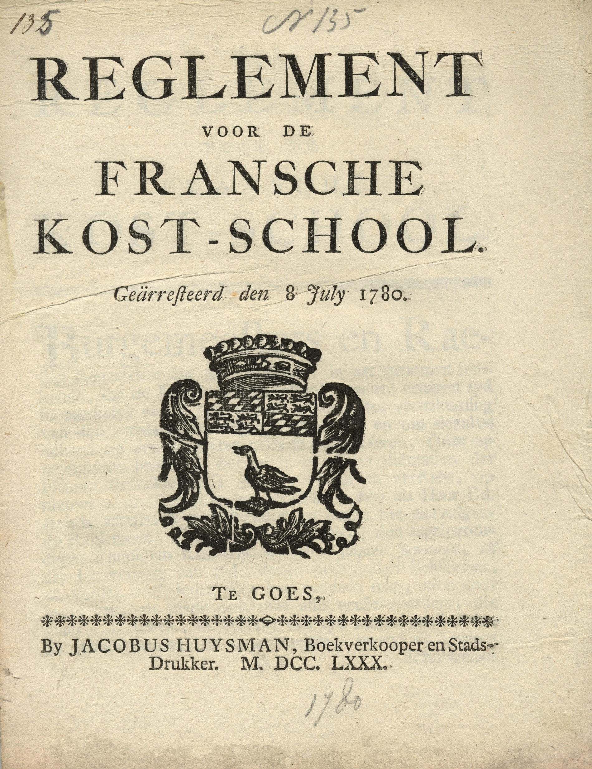 Reglement op de Franse kostschool, 1780.