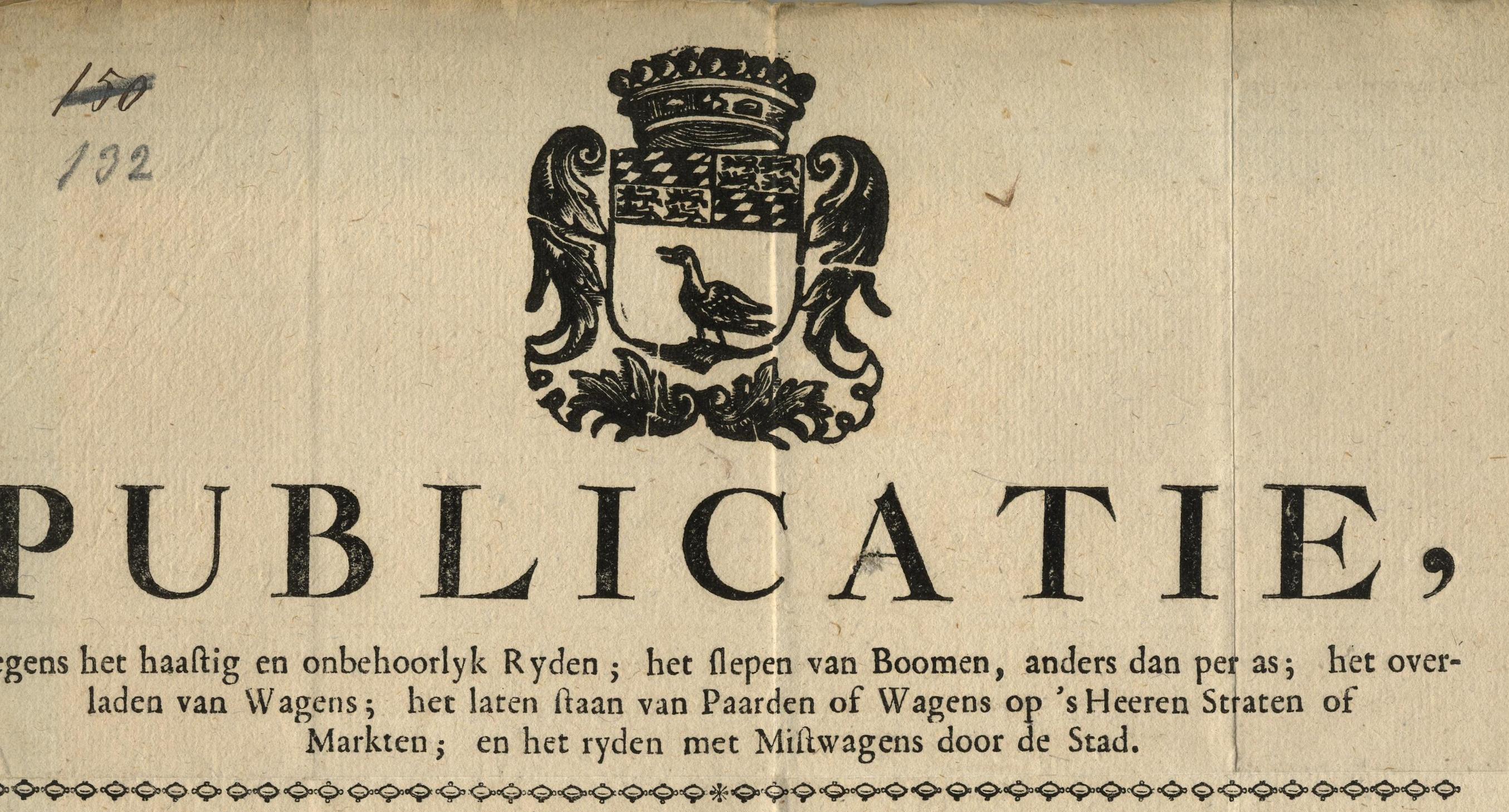 Bekendmaking tegen te hard rijden door de stad, 1768.