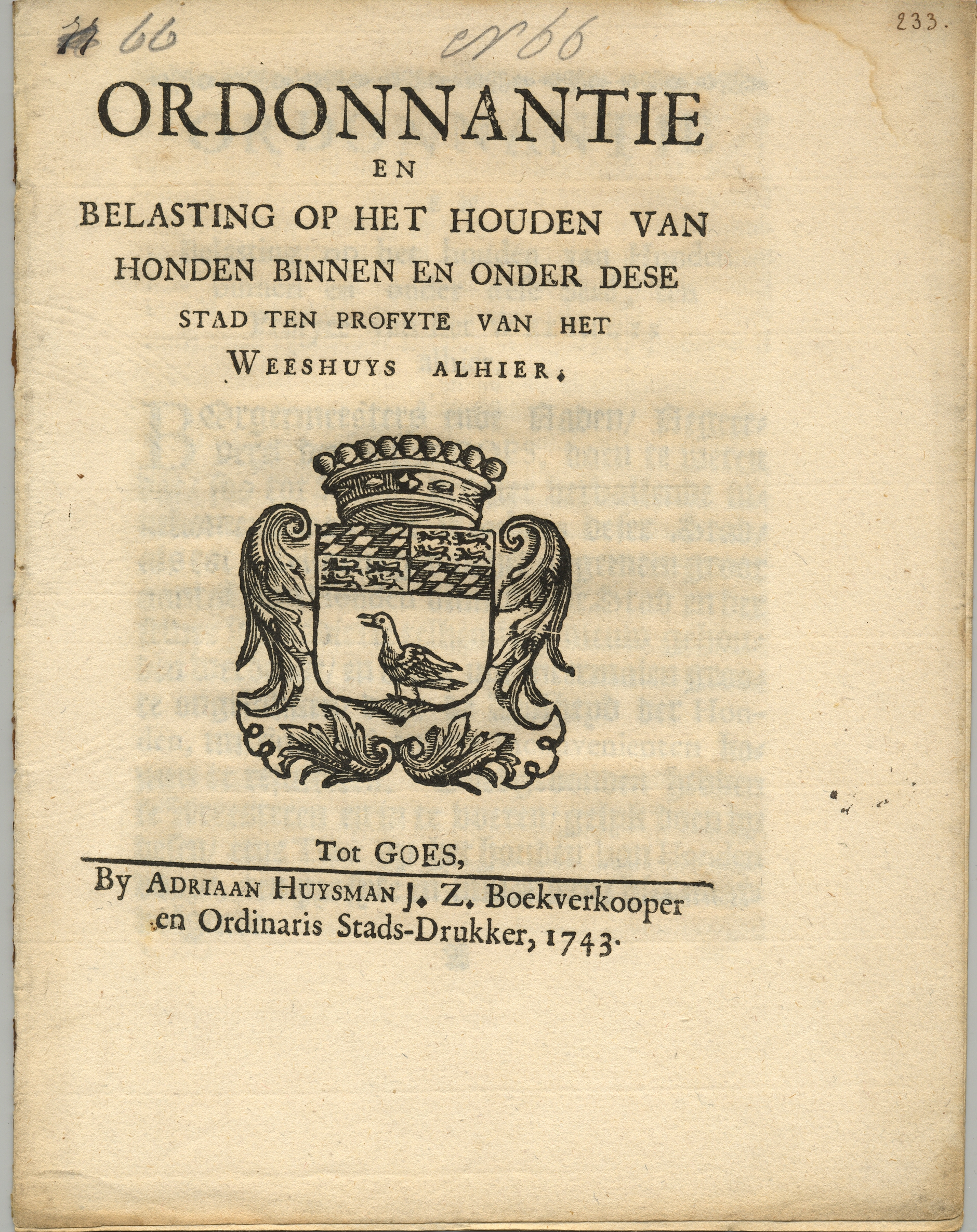 Ordonnantie op het houden van honden, 1743.