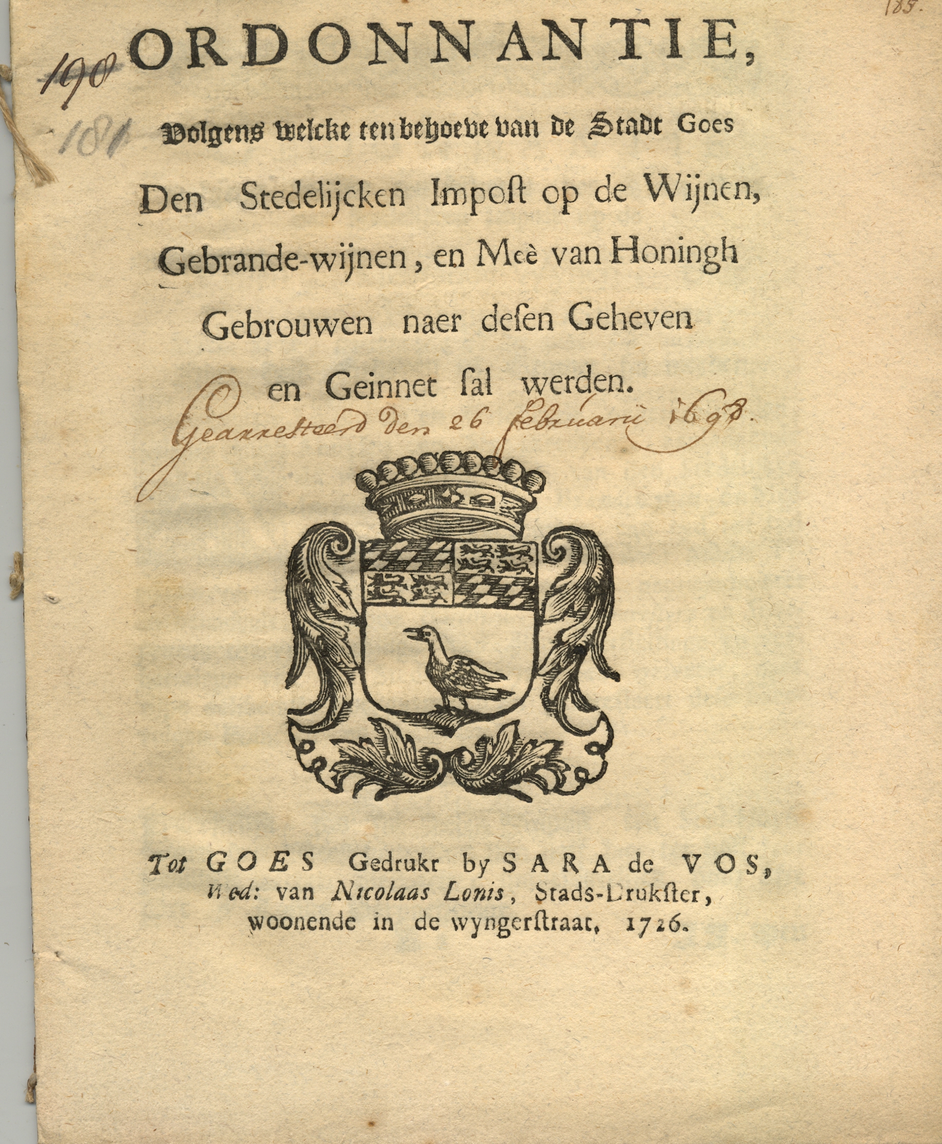 Ordonnantie op belasting op wijn, brandewijn, en mede, 1698, 1726