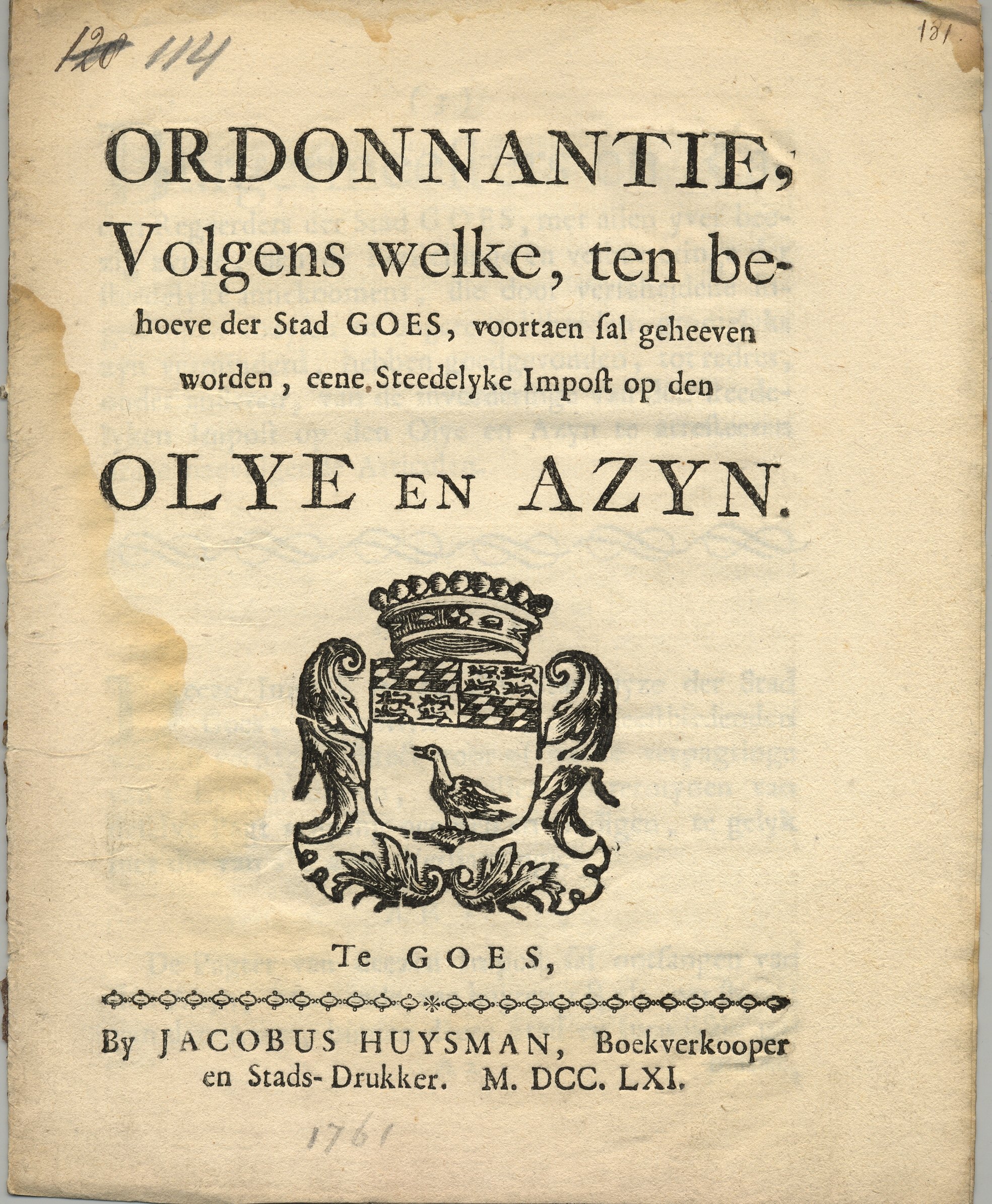 Ordonnantie op de belasting op olie en azijn, 1761.