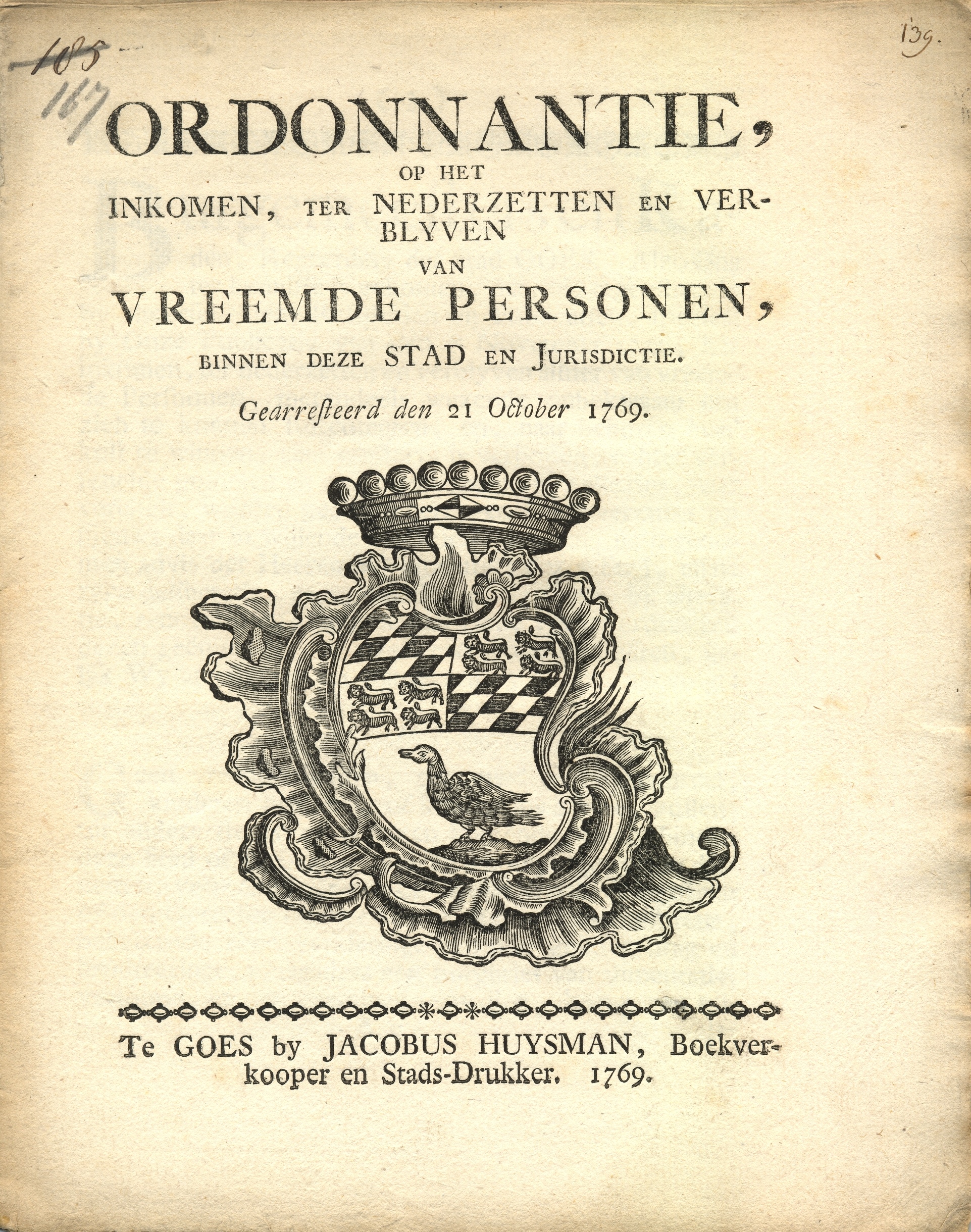 Ordonnantie op de vreemdelingen, 1769.