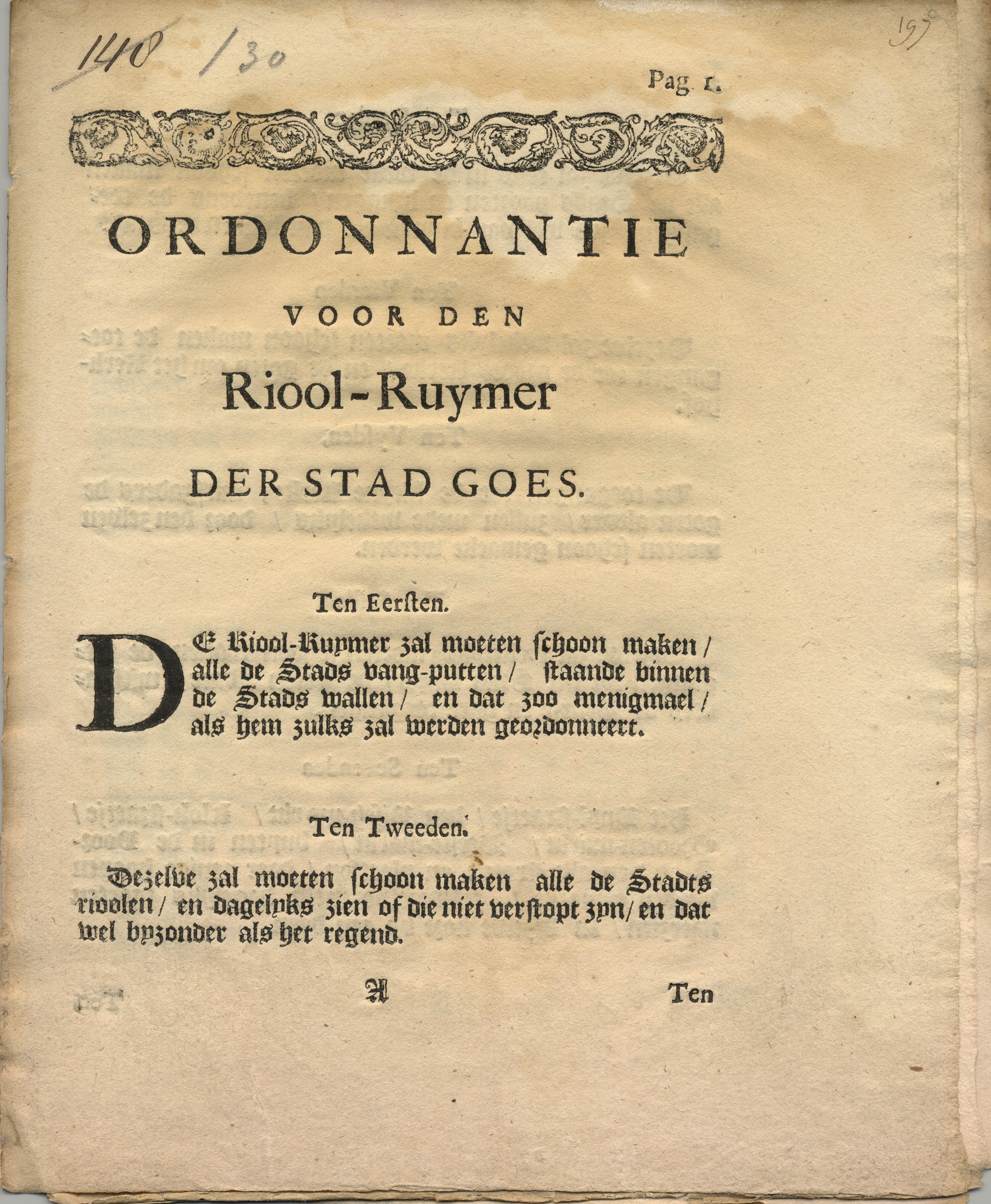 Ordonnantie voor de riool-ruymer, 1719.