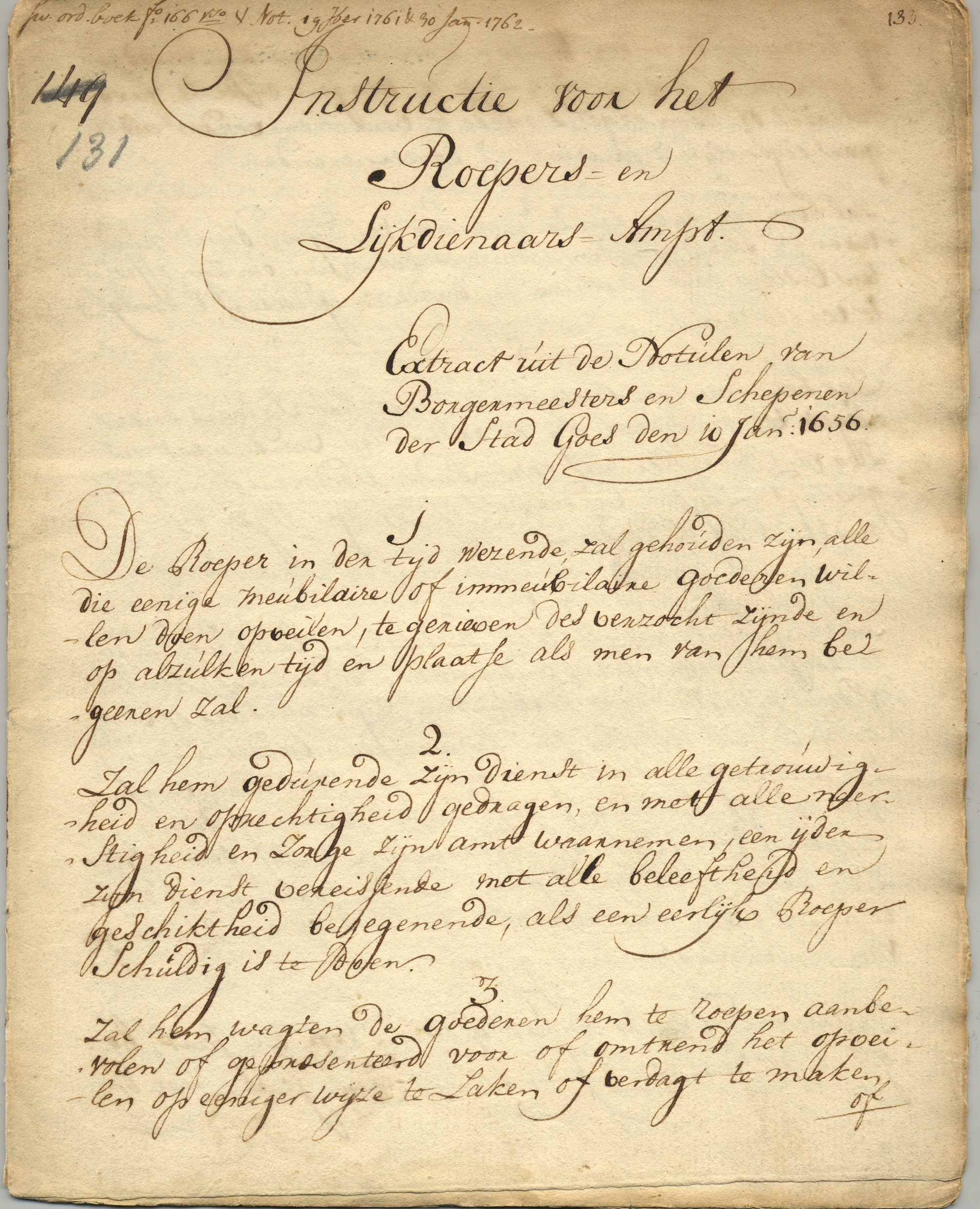 Instructie voor de stadsomroeper en de lijkdienaar, 1656, 1762.