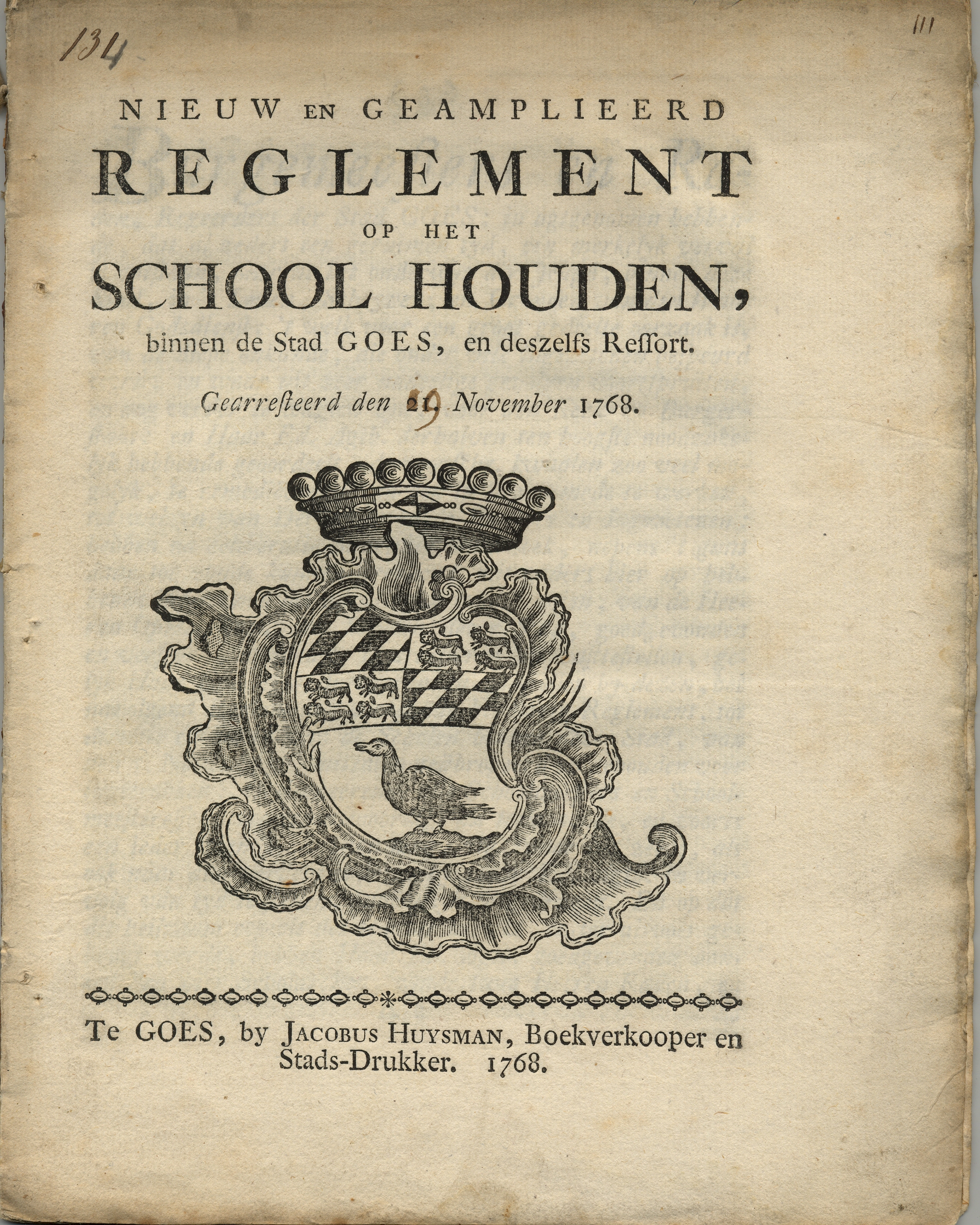 Reglement op het schoolhouden, 1768.