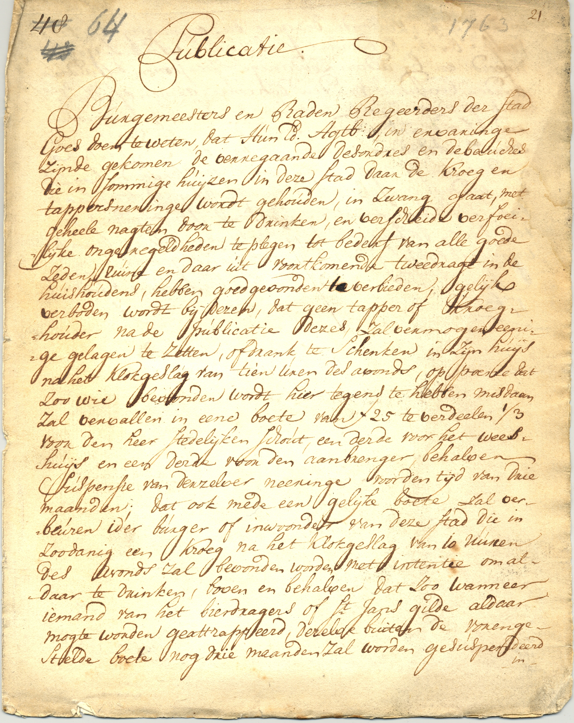 Publicatie op het sluitingsuur van herbergen en kroegen, 1763.