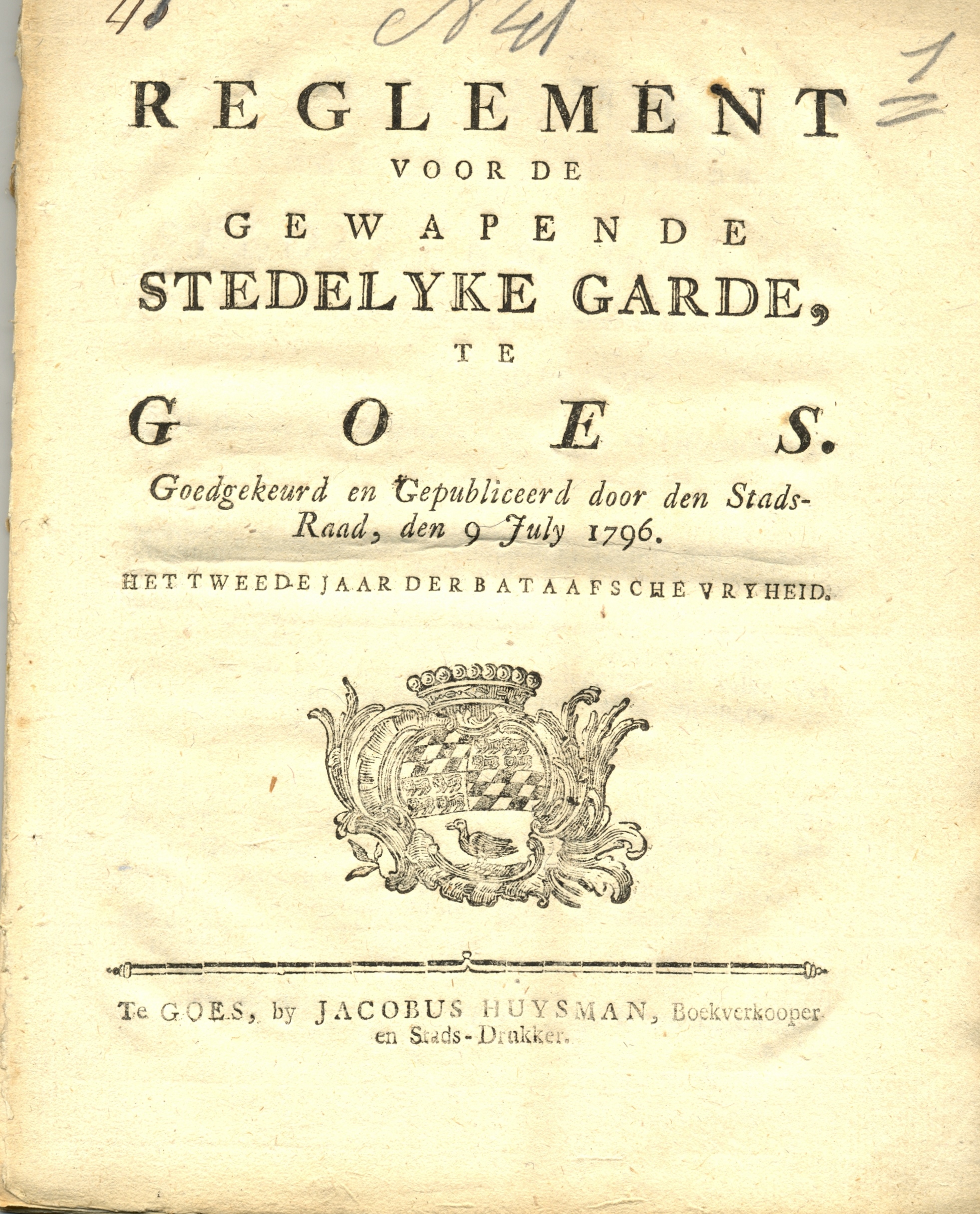 Reglement op de stedelijke garde, 1796.