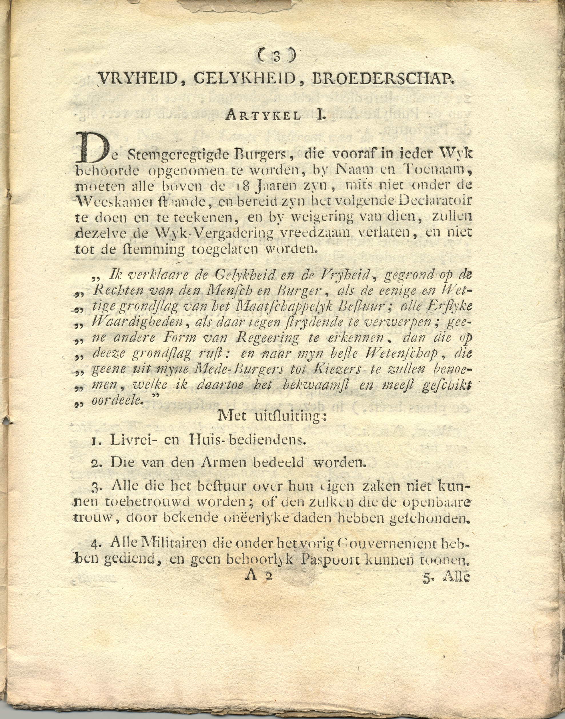 Eerste artikel uit het reglement op de verkiezingen, 1795.