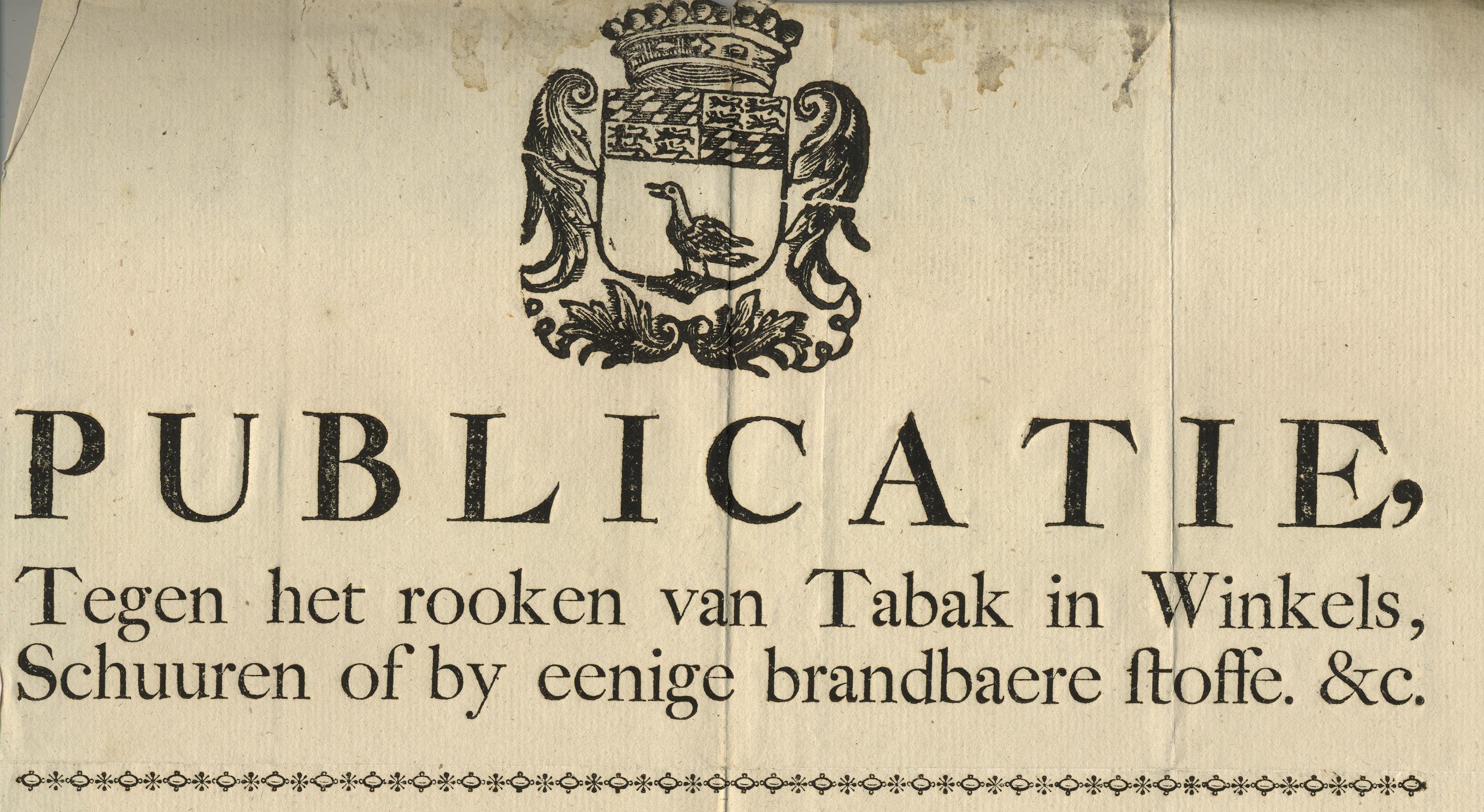 Publicatie tegen het roken op brandgevaarlijke plaatsen, 1761.