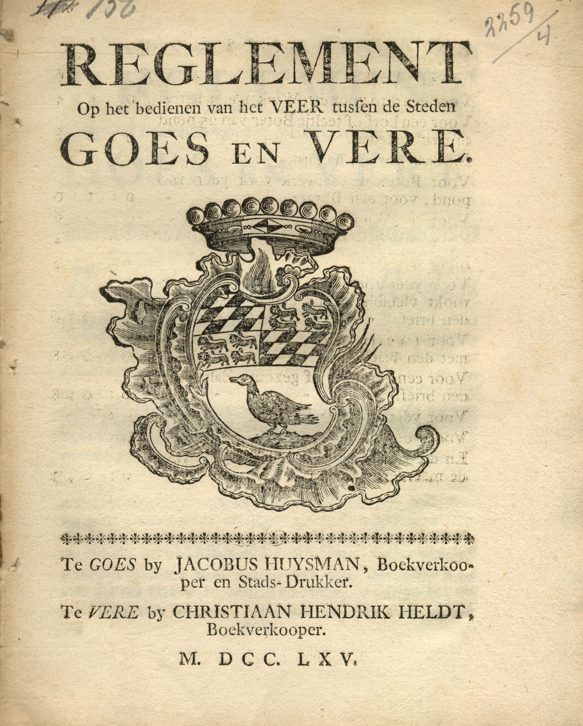 Reglement op het veer tussen Goes en Veere, 1765.