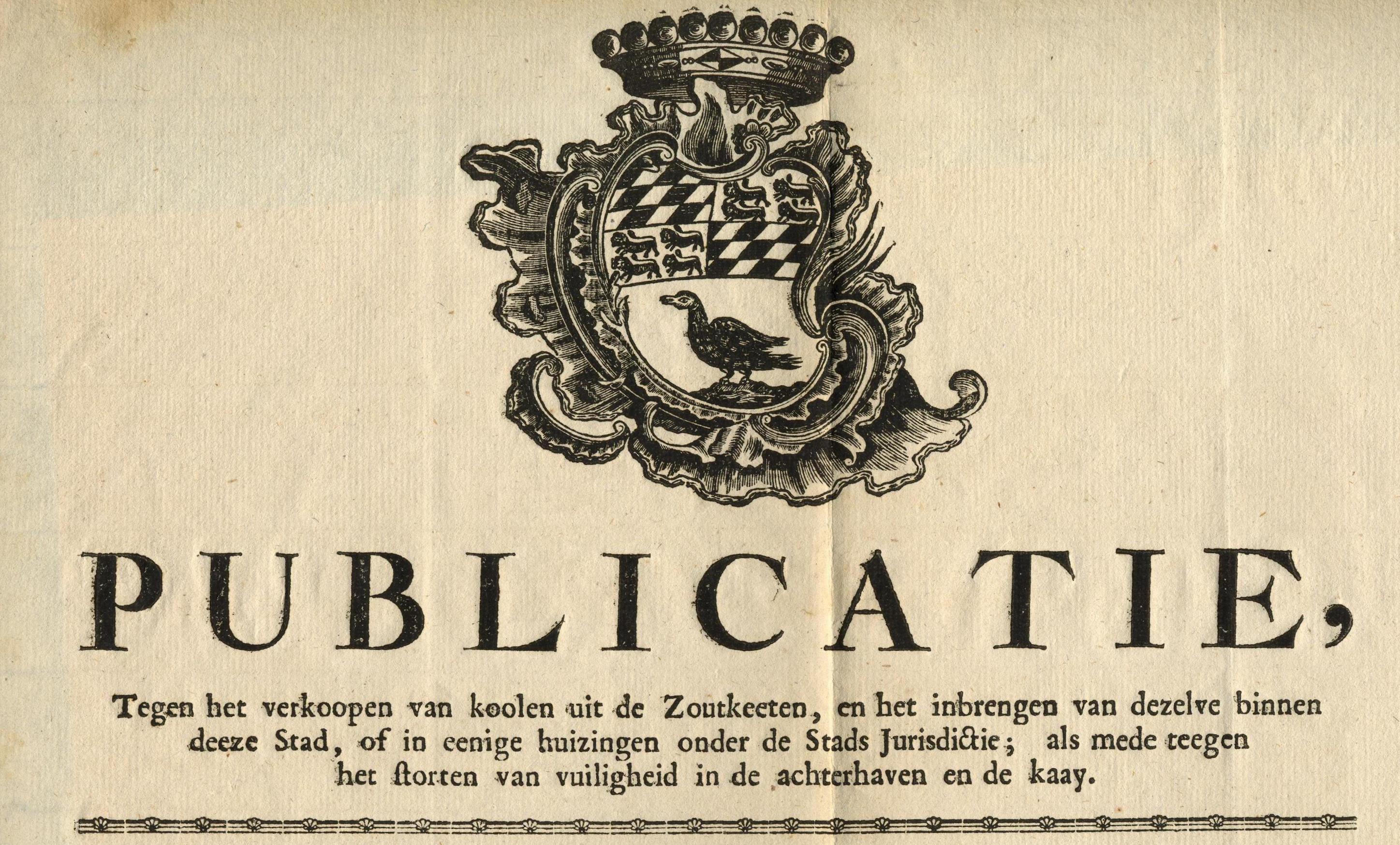 Publicatie tegen het verkopen van steenkool uit de zoutketen, 1779.