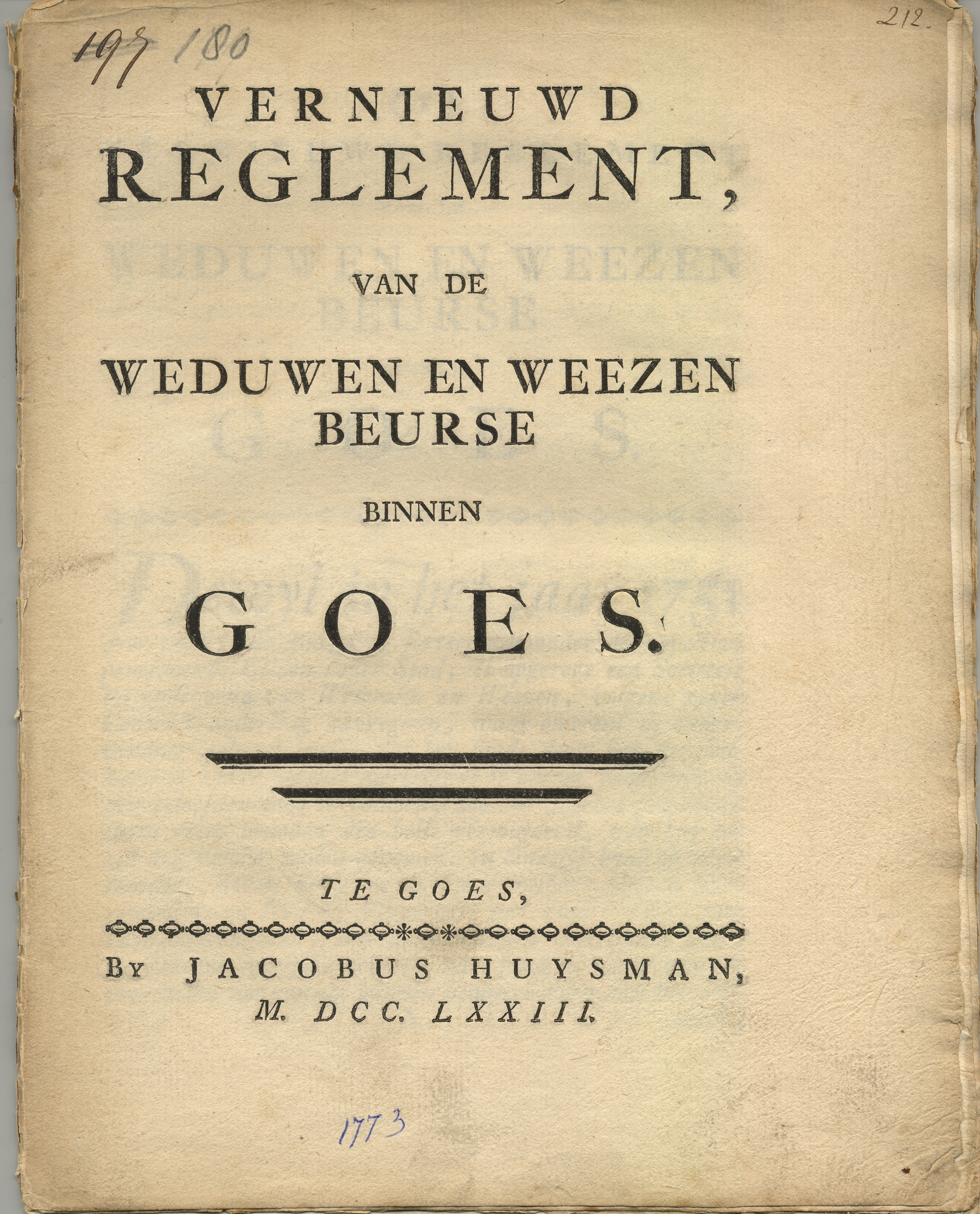 Nieuw reglement op de weduwen- en wezenbeurs, 1773.