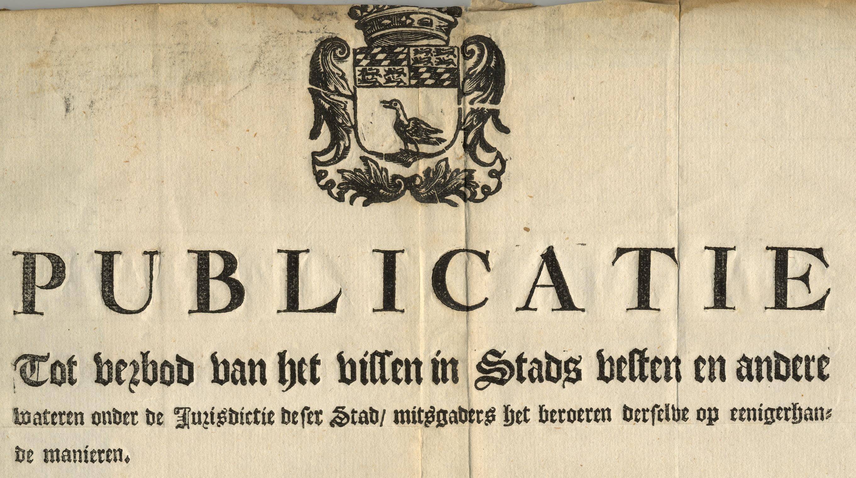 Kop van de publicatie tegen het vissen in of beroeren van de stadsvesten, 1759., 