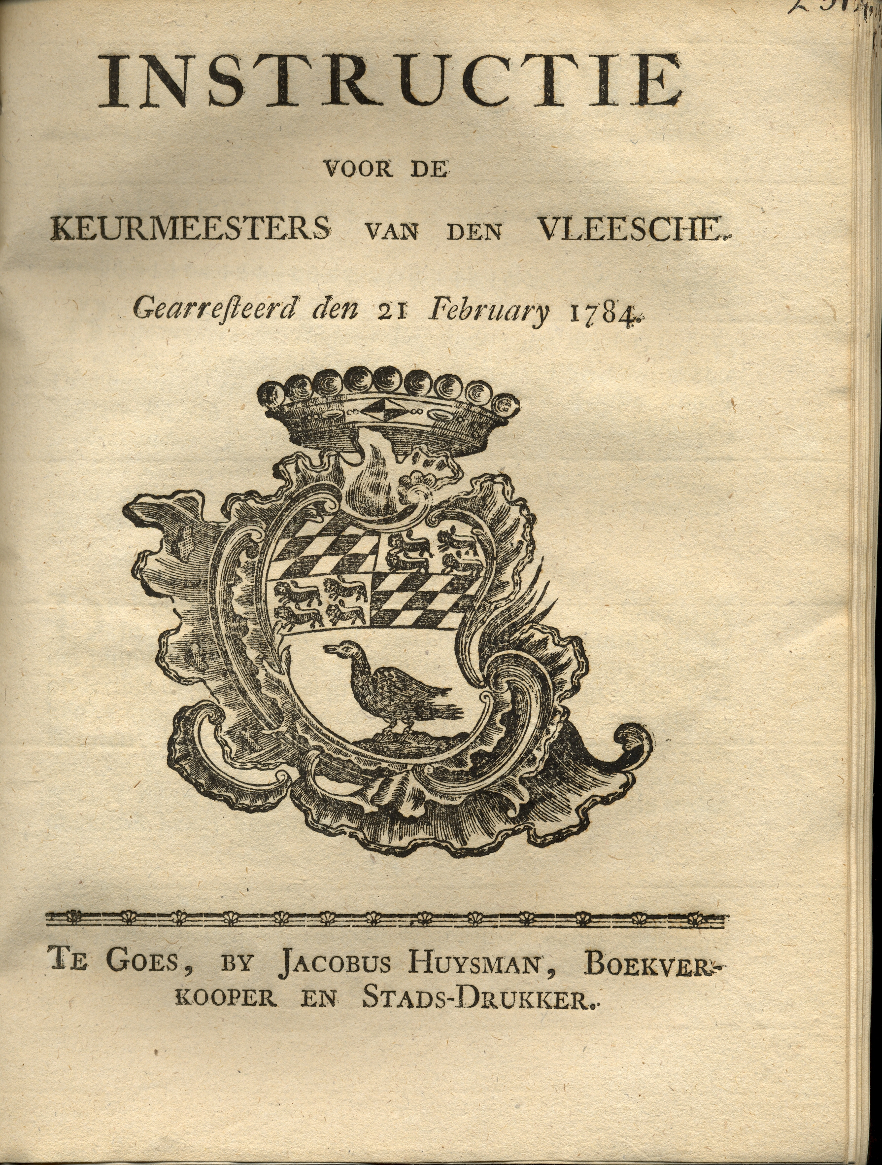 Instructie voor de keurmeesters van het vlees, 1784.