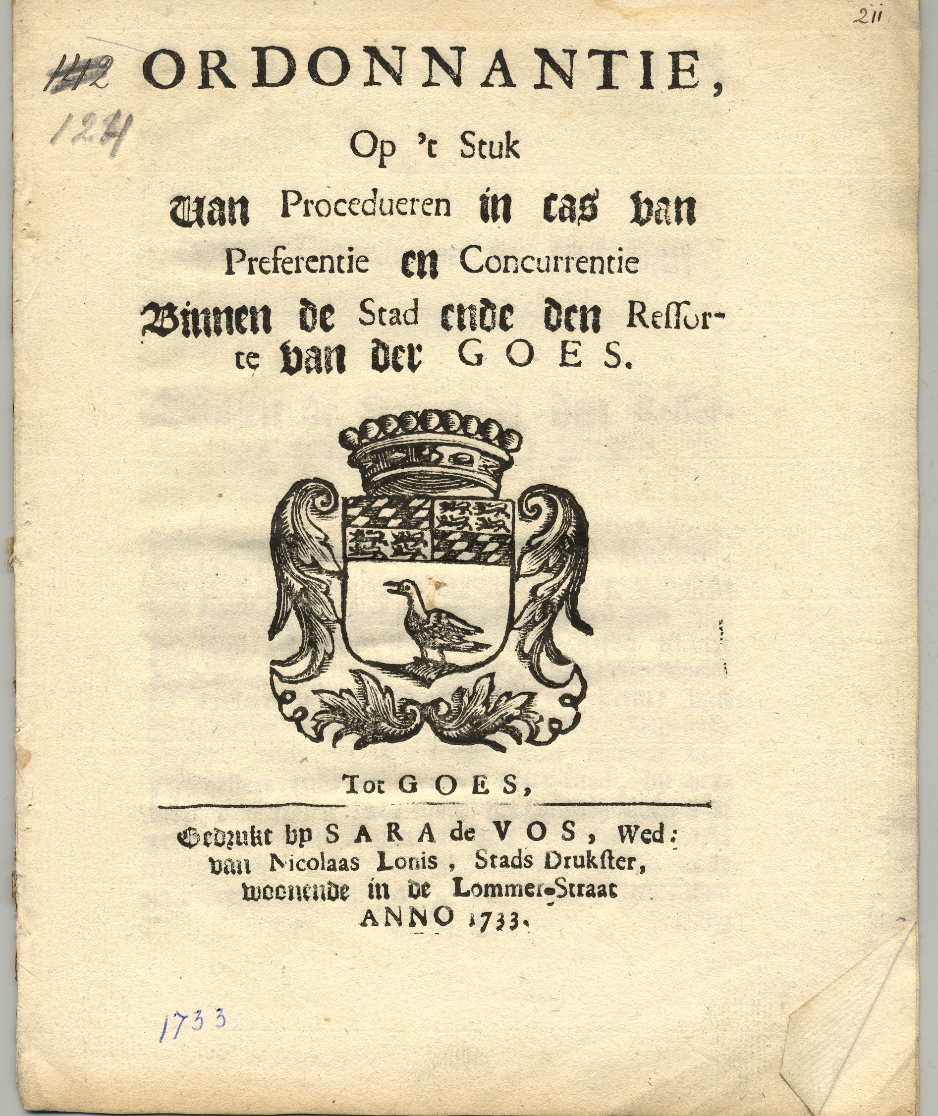 Ordonnantie op rechtsprocedures in Goes, 1733.