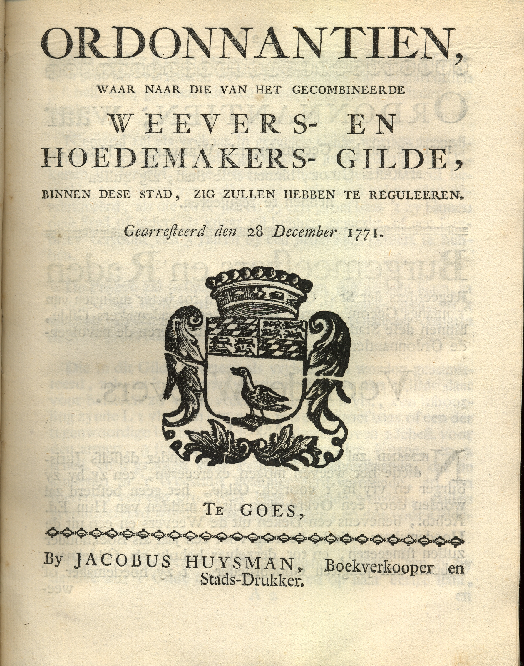 Ordonnantie op het nieuwe wevers- en hoedemakersgilde, 1771.