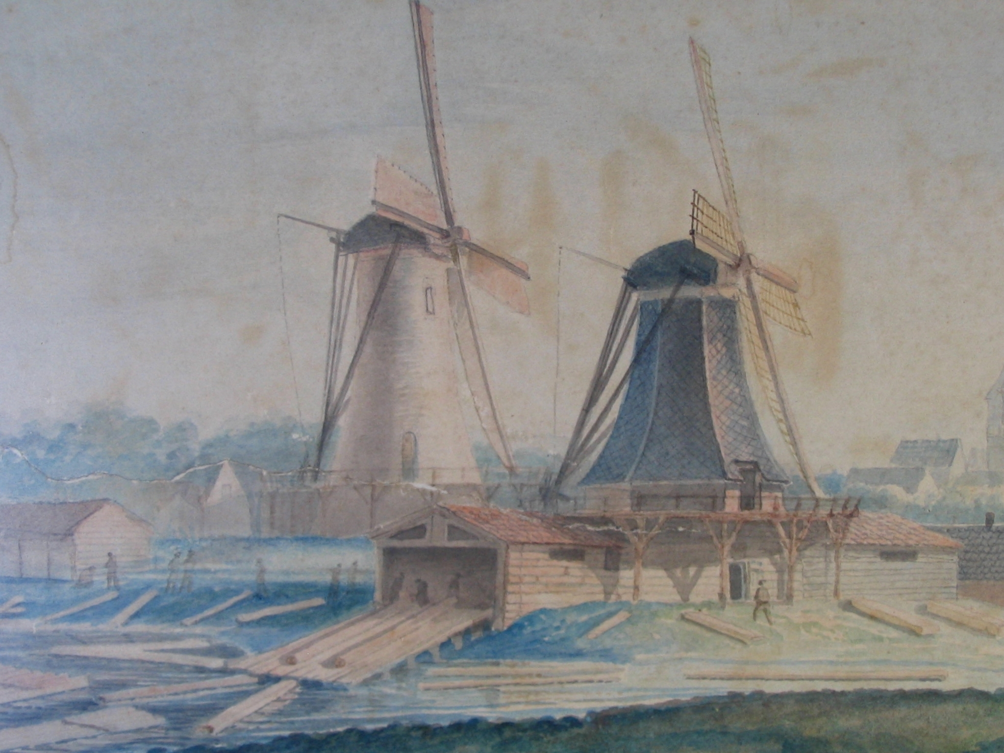 Houtzaagmolen met balkenhelling, detail stadsgezicht, ca. 1860.