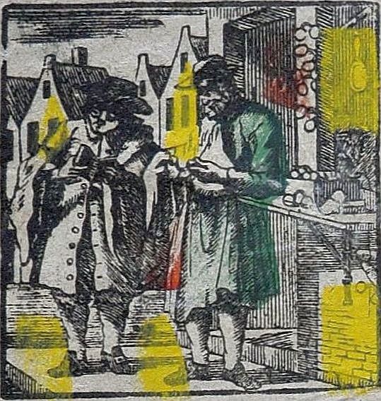 Brillenslijper, typisch jaarmarktverschijnsel, centsprent, 18e eeuw.