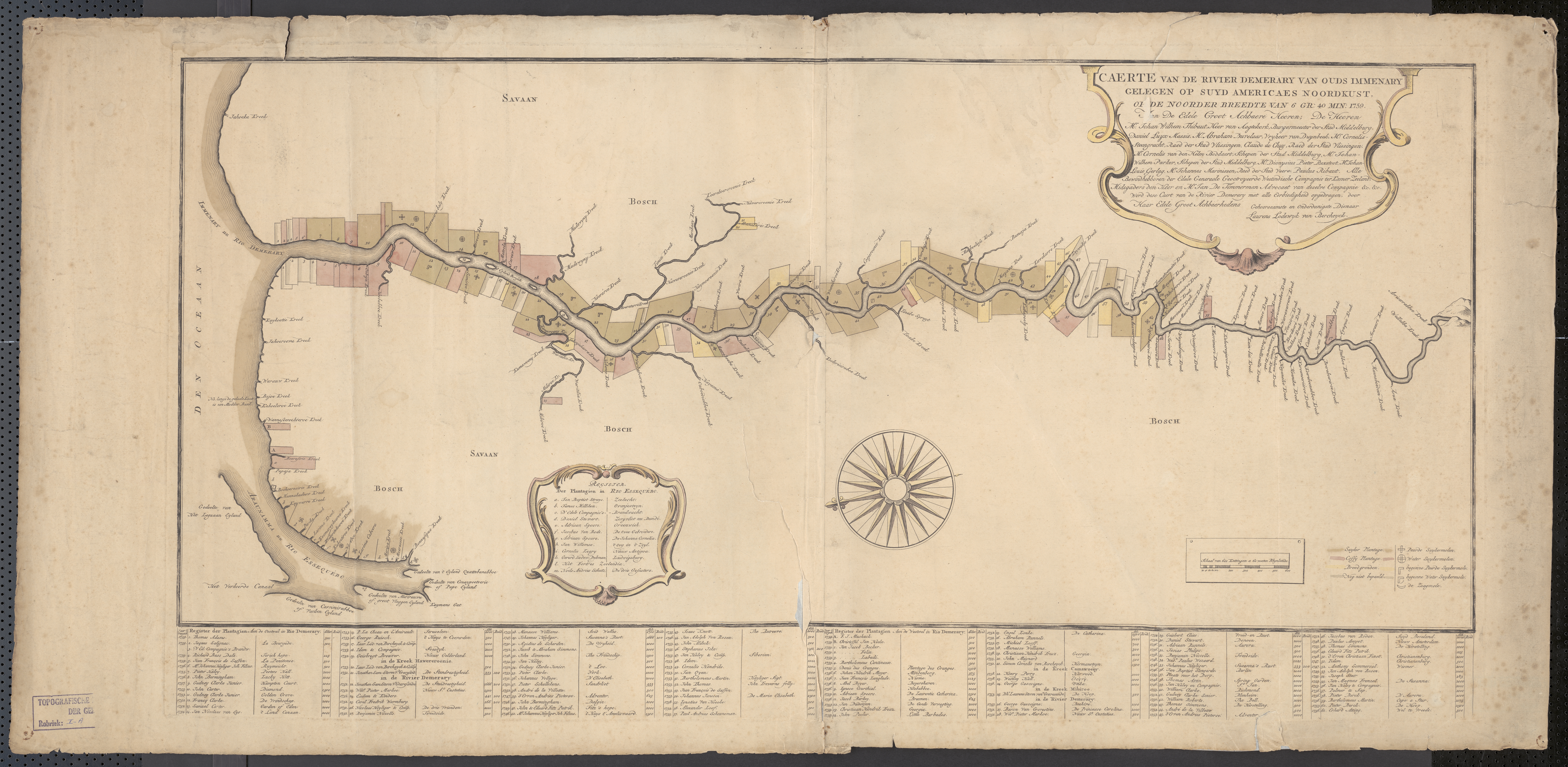 Kaart van de plantages langs de rivier Demerary, ca. 1750.