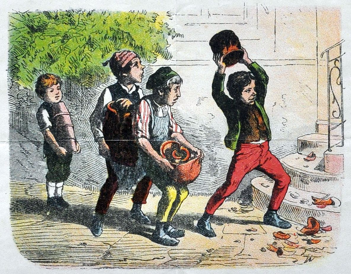 Vernielzuchtige kwajongens, centsprent 19e eeuw.