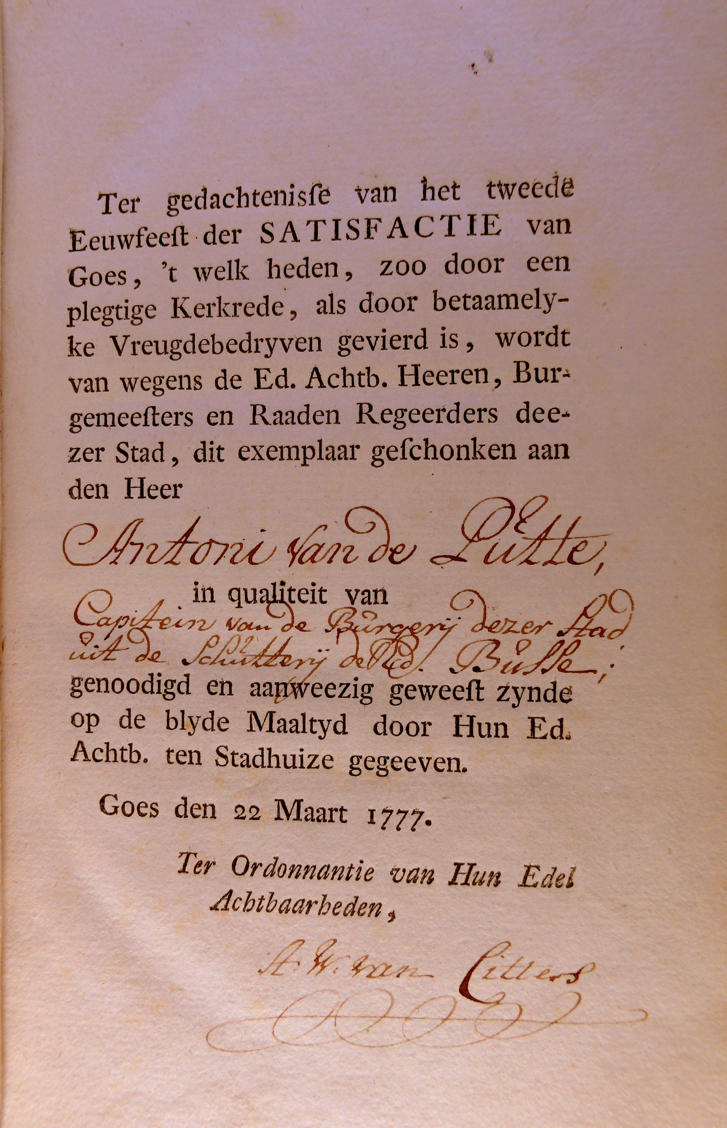 Titelblad van de Satisfactie voor kapitein van de schutterij Antonie van de Putte, 1777.