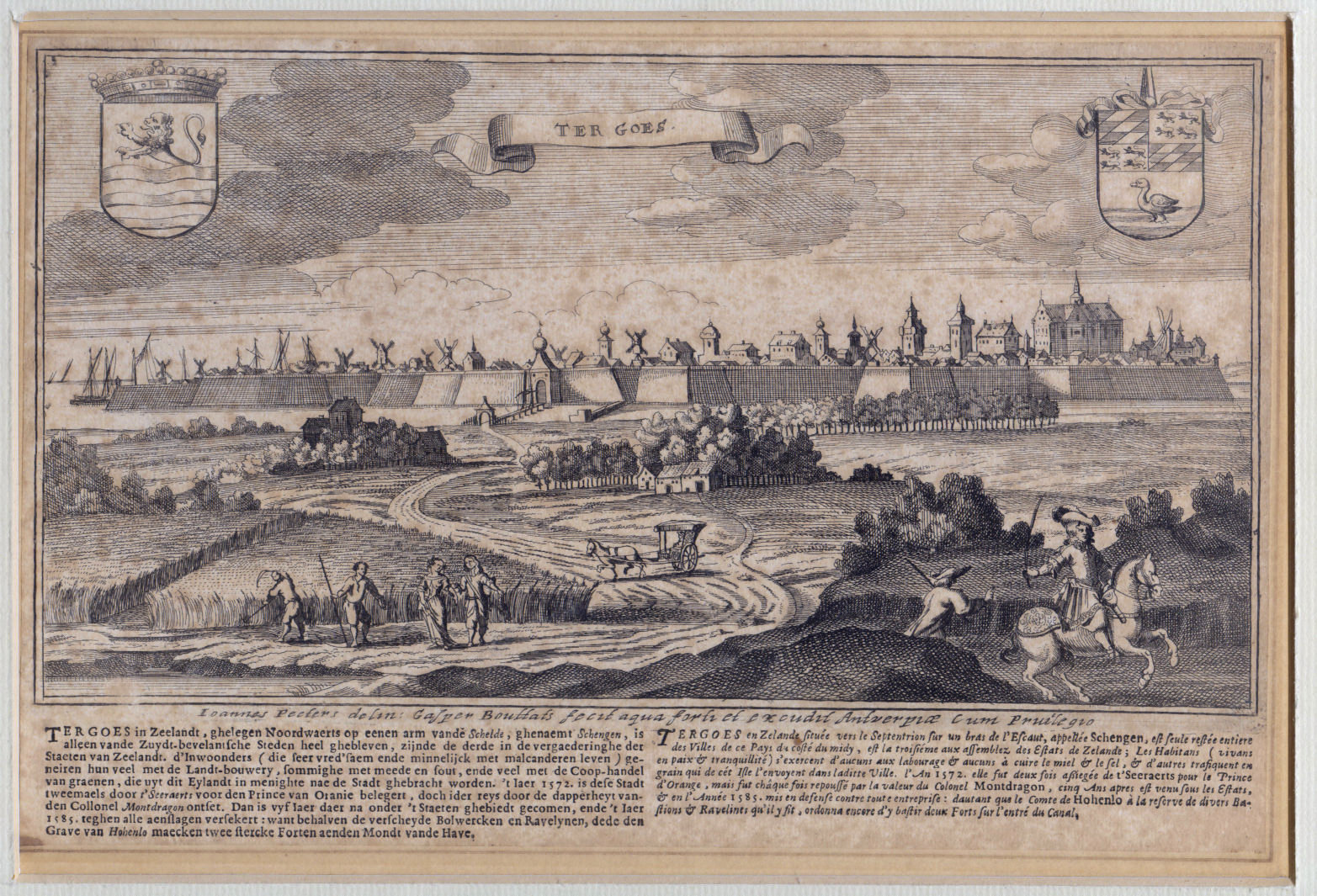 Gezicht op Goes vanuit het zuiden, met schepen op de Oosterschelde, 17e eeuw.